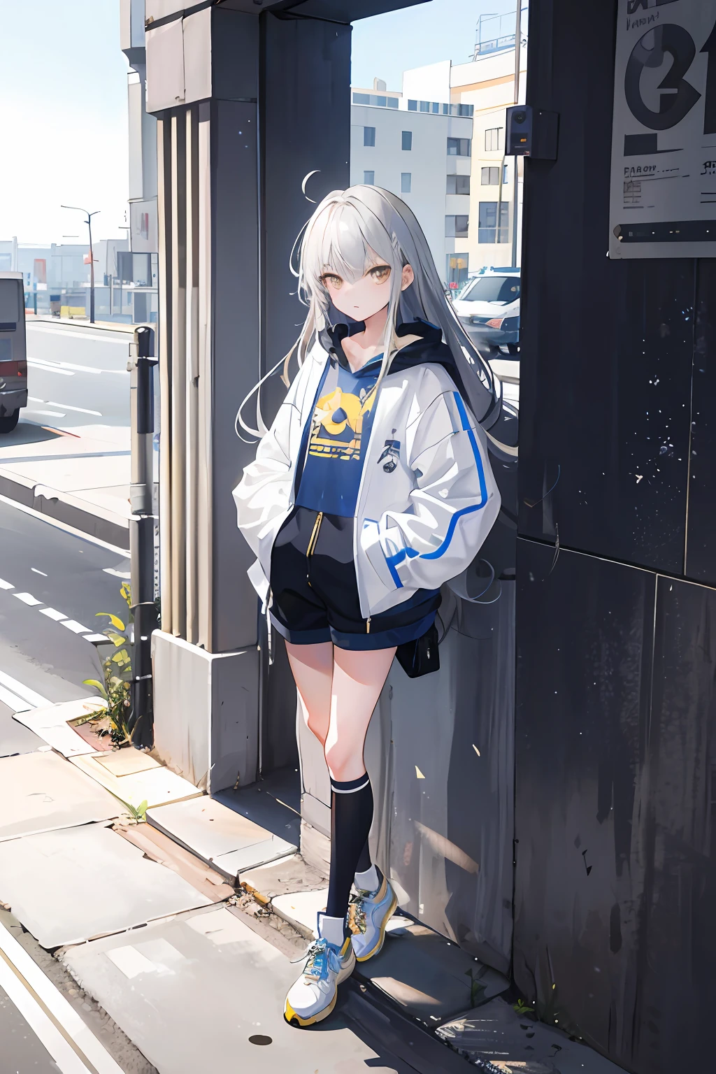 A age girl,Gray hair ,The sun shines,Gold eyes,combed hair,long whitr hair,Impressive everyday clothing,Put your hands in your pockets,standing on your feet,full bodyesbian,Impressive