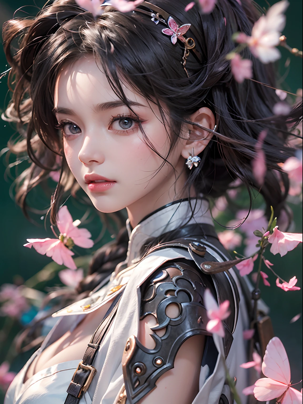 ((Best Quality)), ((Masterpiece)), (Detail: 1.4), 3D, Beautiful Cyberpunk Female Image, HDR (High Dynamic Range), Ray Tracing, NVIDIA RTX, Super Resolution, Unreal 5, Subsurface Scattering, PBR Texture, Post-Processing, Anisotropic Filtering, Depth of Field, Maximum Sharpness and Sharpness, Multi-layer Texture, Albedo and Highlight Mapping, Surface Coloring, Mitsu-Accurate Simulation of Material Interactions, Perfect Proportions, Octane Rendering, Two-color Light, Large Aperture, Low ISO, white balance, regular three-point, 8K RAW, beautiful bright pupils, flowing robe, fine pupils, delicate face and eyes, long eyelashes, blush, fluffy hair, pink lips, pure, cute, cherry blossom petals falling, butterfly