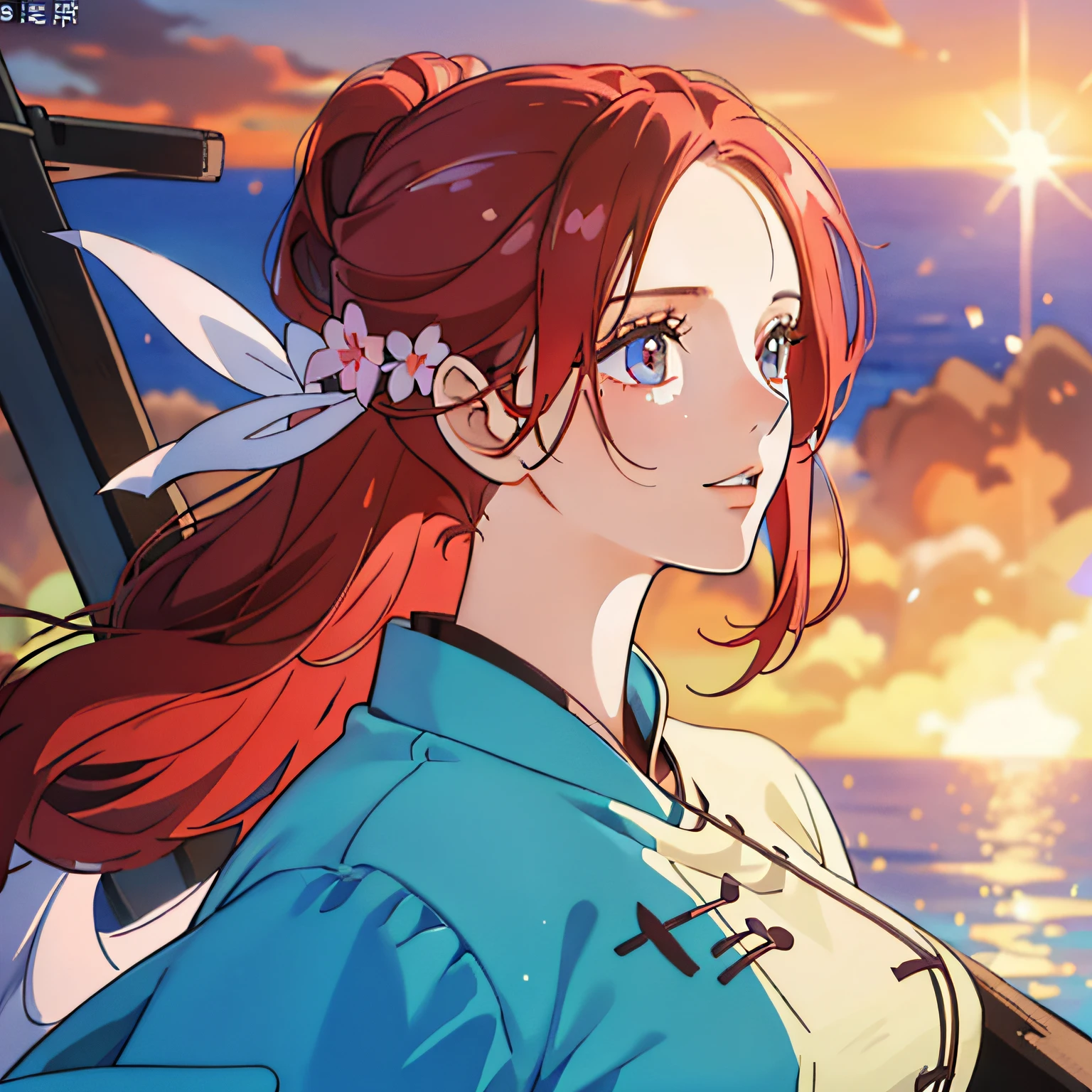 1girll：1.3）， 独奏， （（（very vey very detailed face））），（（very detailed eyes and faces））），beatiful detailed eyes，Body parts__，offcial art，Unified 8k wallpaper，ultra - detailed，Beautiful and beautiful，big breasts beautiful，tmasterpiece，best qualtiy，primitive，tmasterpiece，ultra fine photos，best qualtiy，超高分辨率，photorealistic realism，rays of sunshine，sportrait，stunningly beautiful，，dynamicposes，delicated face，Vibrant eyes，（From the front side）， Delicate hair braiding，red tinted hair，laughing heartily，very highly detailed background，looking over city，详细的脸，highly detailedskin，Realistic details of skin，Visible pores，Clear focus，volume fog，8K  UHD