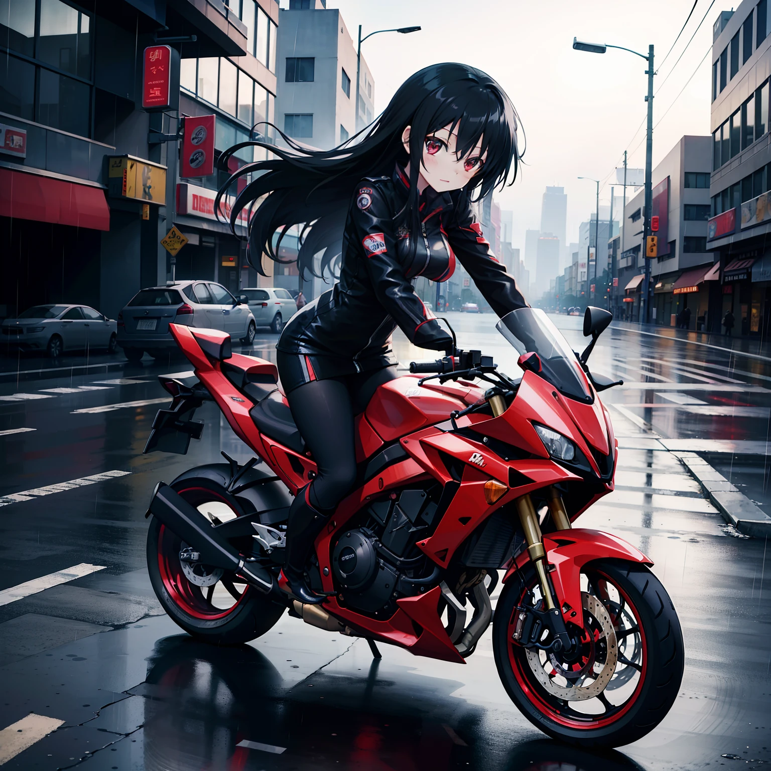 Kurumi from Date a Live with a motorcycle, in a rainy city, with an 8k high-res image