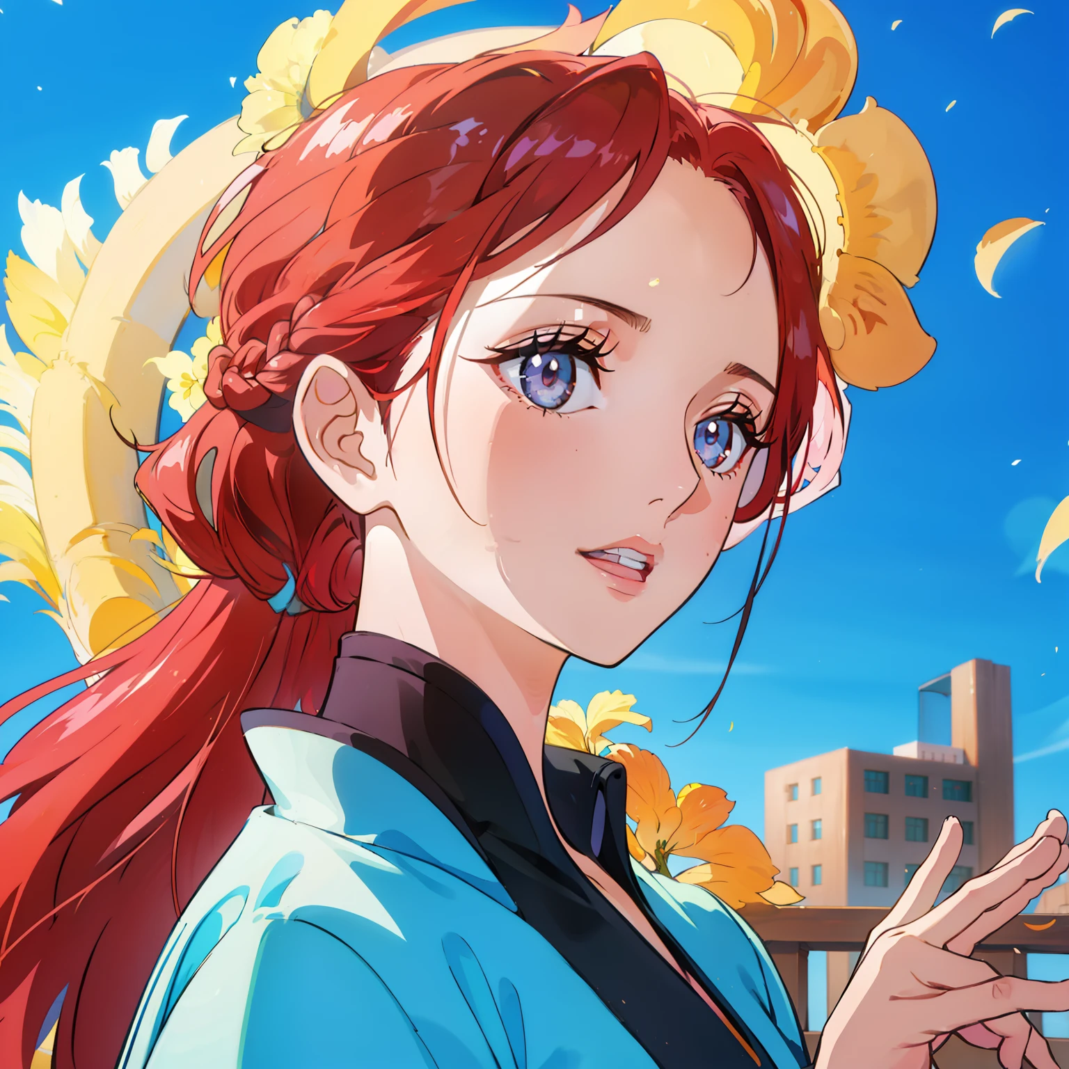 1girll:1.3), 独奏, (((very vey very detailed face))),((very detailed eyes and faces))),beatiful detailed eyes,Body parts__,offcial art,Unified 8k wallpaper,ultra - detailed,Beautiful and beautiful,big breasts beautiful,tmasterpiece,best qualtiy,primitive,tmasterpiece,ultra fine photos,best qualtiy,超高分辨率,photorealistic realism,rays of sunshine,sportrait,stunningly beautiful,,dynamicposes,delicated face,Vibrant eyes,(From the front side), Delicate hair braiding,red tinted hair,laughing heartily,very highly detailed background,looking over city,详细的脸,highly detailedskin,Realistic details of skin,Visible pores,Clear focus,volume fog,8K UHD