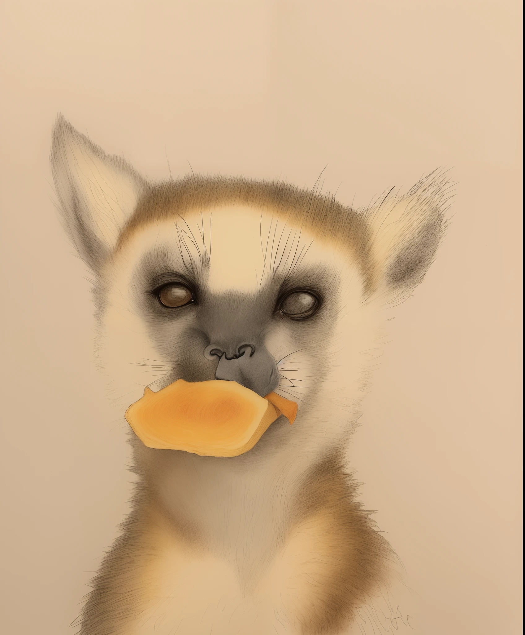 Draw a lemur with a piece of bread in his mouth, wildlife paintings, animal drawing, animal portrait, having a snack, “portrait of a cartoon animal, color pencil sketch, colored pencil on paper, pencil and ink drawing, color pencil sketch, color pencil sketch, detailed jaw and eyes, author:Tom Wenerstrand, pencil and watercolour