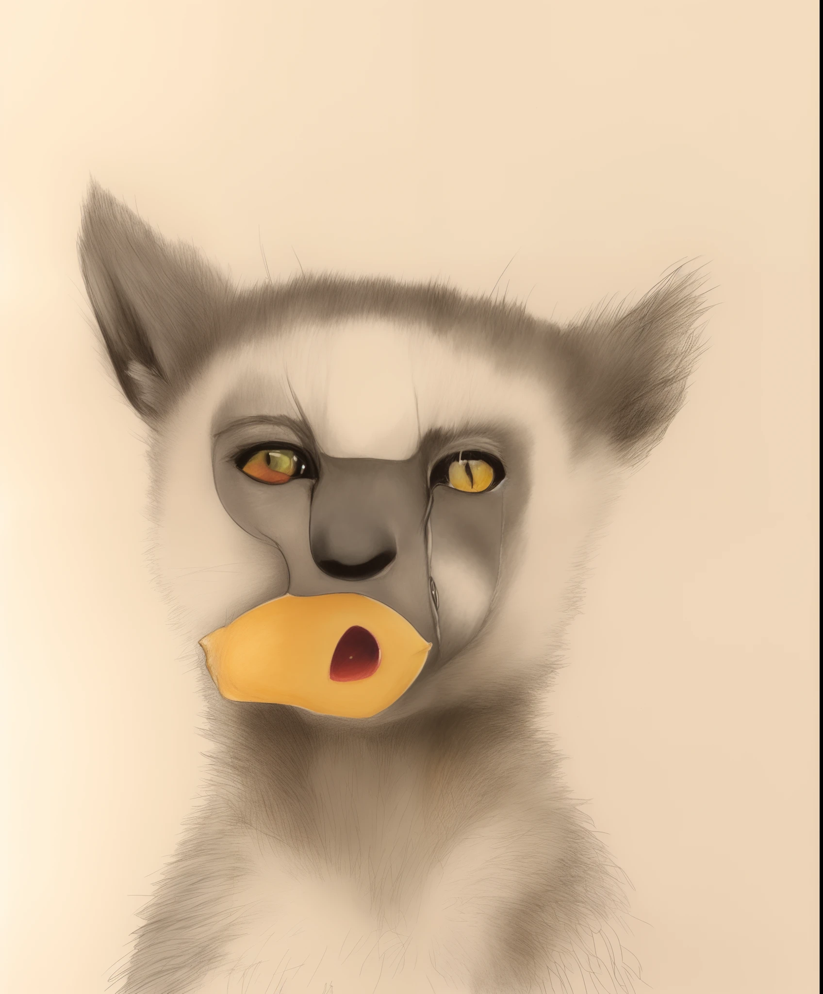 Draw a lemur with a piece of bread in his mouth, wildlife paintings, animal drawing, animal portrait, having a snack, “portrait of a cartoon animal, color pencil sketch, colored pencil on paper, pencil and ink drawing, color pencil sketch, color pencil sketch, detailed jaw and eyes, author:Tom Wenerstrand, pencil and watercolour