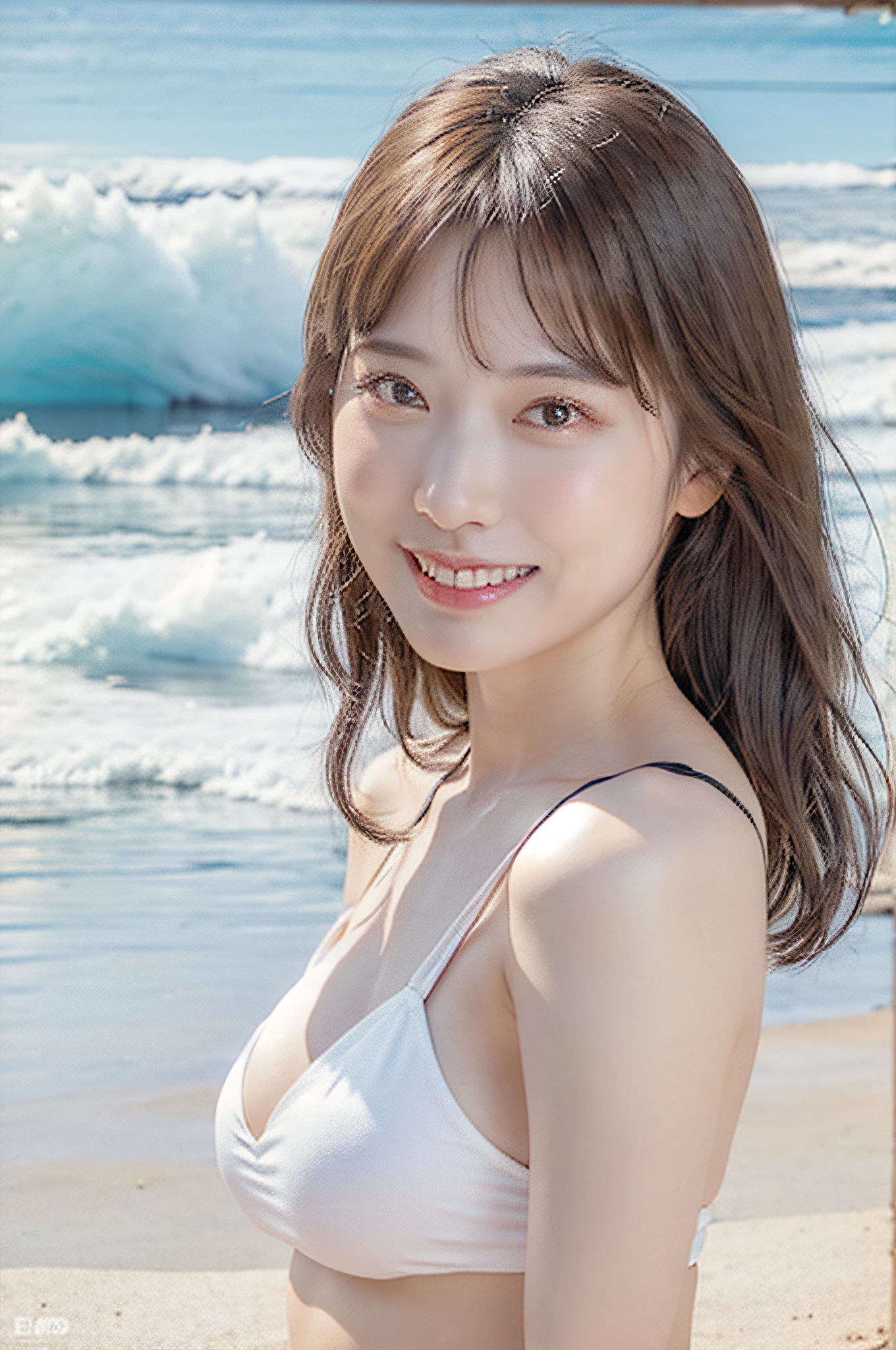 ((top-quality)), ((masterpiece)), (detaileds:1.4)、in 8K、best qualtiy,sface focus,Soft light,(depth of fields),超A high resolution,RAW Photos,large boob,The bikini,(from the front side),adolable,A smile,Brown-eyed,Detailed beautiful face,sexy pose、the beach,splashing waves,mare,