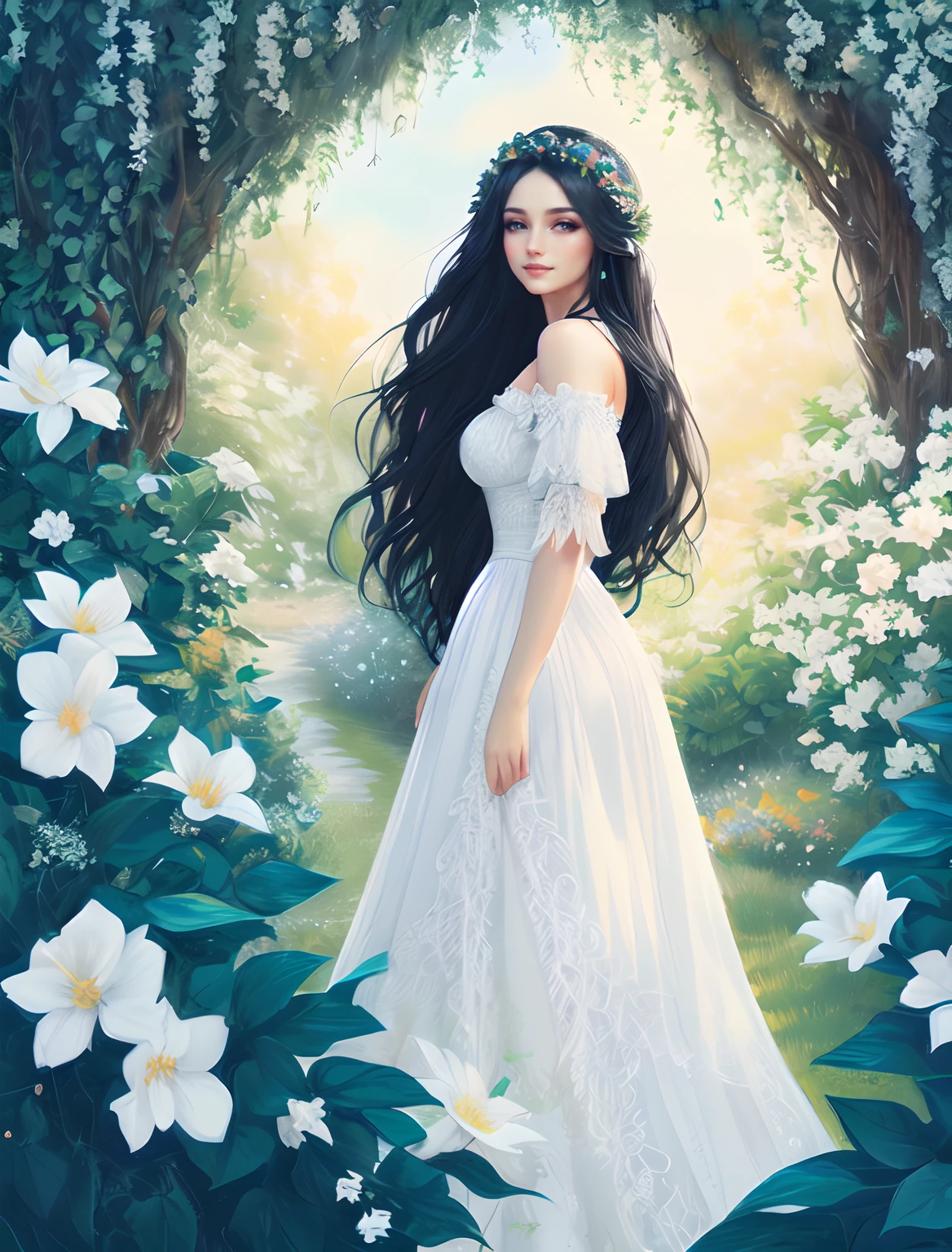 a woman in a white dress standing in a garden with flowers, linda donzela fantasia, donzela bonita, sorrindo como uma rainha de fadas, persephone in spring, Deusa da Primavera, ethereal fairy tale, fantasy fairytale story, bela arte de fantasia, fantasia bonita, Luthien, Ethereal Fantasy, beautiful elven princess, bela fantasia, fada bonita, bela arte digital, Elven Princess