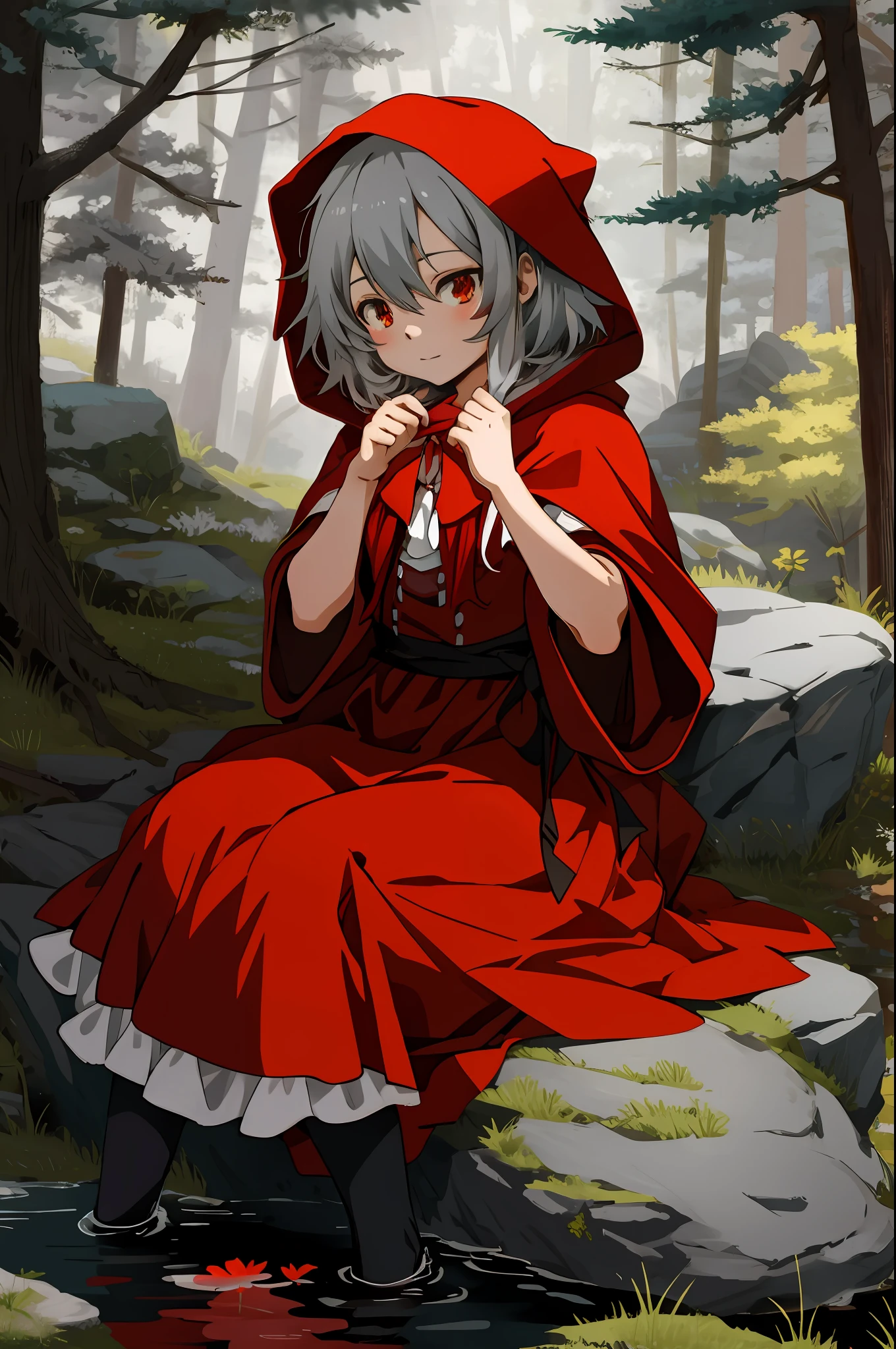 top quality, best quality, highres, unparalleled masterpiece, perfect artwork, paid reward available, anime girl in red riding hood sitting on rock in forest, an anime drawing by Shitao, pixiv, fantasy art, grayscale phtoto with red dress, red riding hood, dressed in a beautiful red cloak, little red riding hood, thief red riding hood, beautiful anime art style, high quality anime art, high quality anime artstyle, at pixiv,