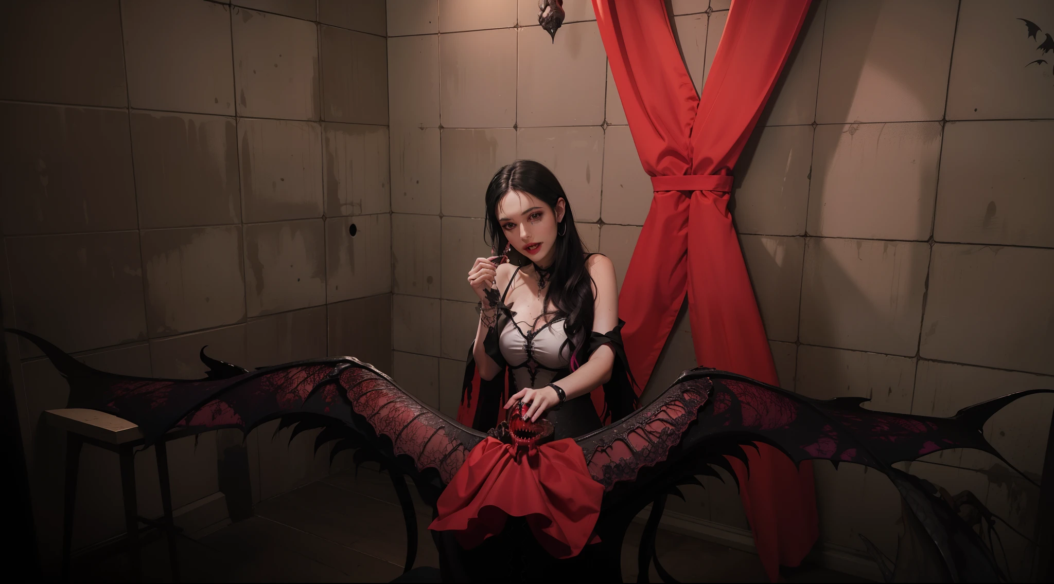 Fine matte paint,Skeleton Dark Angel, Haunted castle with large wings, Fill the drawing table with a knife,terroral,uncanny,horrid,secret terror,tentaculata,grape trees,The eye,uncanny valley effect teeth,all fours,Critters,Blood Moon,Sharp fangs,vampire tooth,Blood