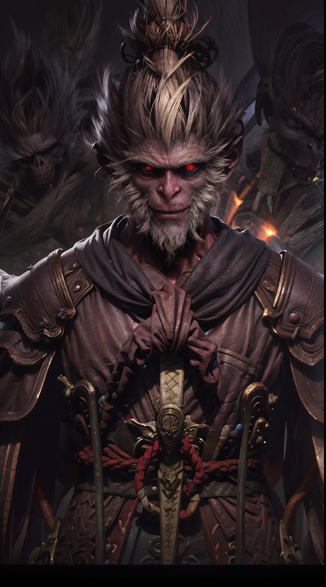 （irascible, irate，A high resolution, super-fine）, （Sharp-billed monkey gills）, Tour of the Dark West，pan（((Red glowing eyes))）looks into camera, evil look, Clear facial features, （Golden Hoop Curse）,A long golden stick was held in his hand, to grin, Monkey teeth exposed, Dressed in gorgeous armor, The red scarf sways in the wind，Monkey King's face, Shoulder armor youkai skeleton decoration, 火焰, Sit on Yokai Head Mountain, Kingly temperament, Full body photo, cinematic rim light, The light is delicate, tmasterpiece, ultra - detailed, Epic composition, Super HD, high qulity, HighestQuali, 32K, grin, poison fangs