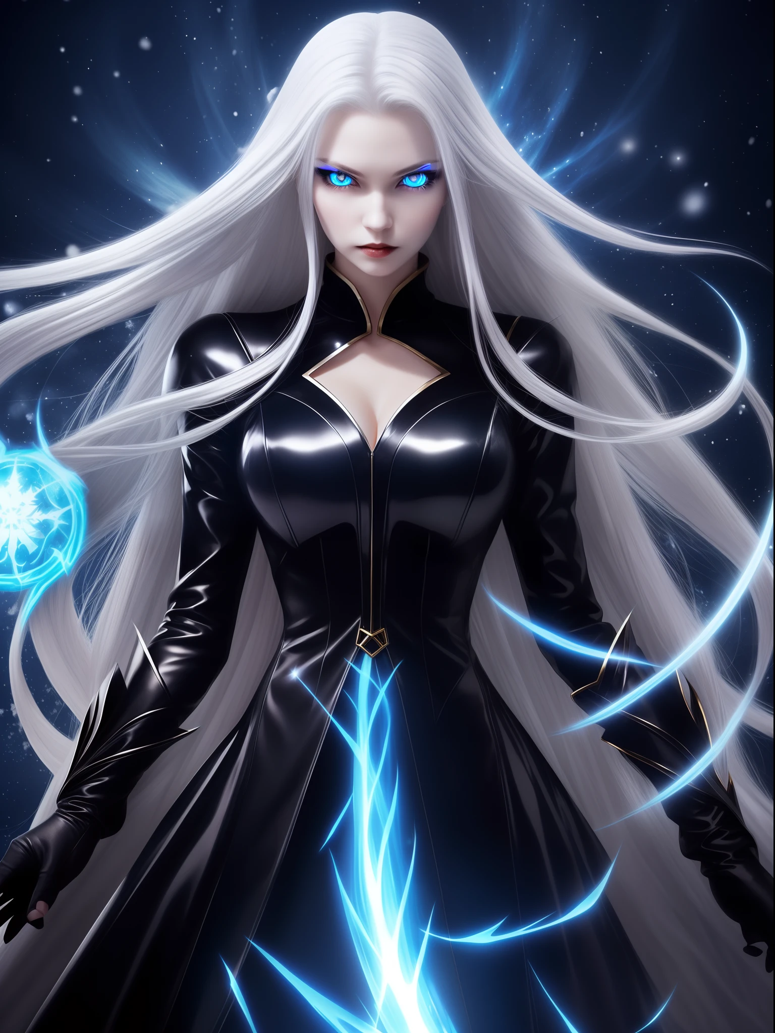 (Vampire、(Fair skin)、(Snow-white skin)、Silver hair long hair、(Blue glowing eyes)、Blue Pupils、Golden Eyes、ruthless look、Jet black dress、Beautiful figure、Perfect Style)、blue flames