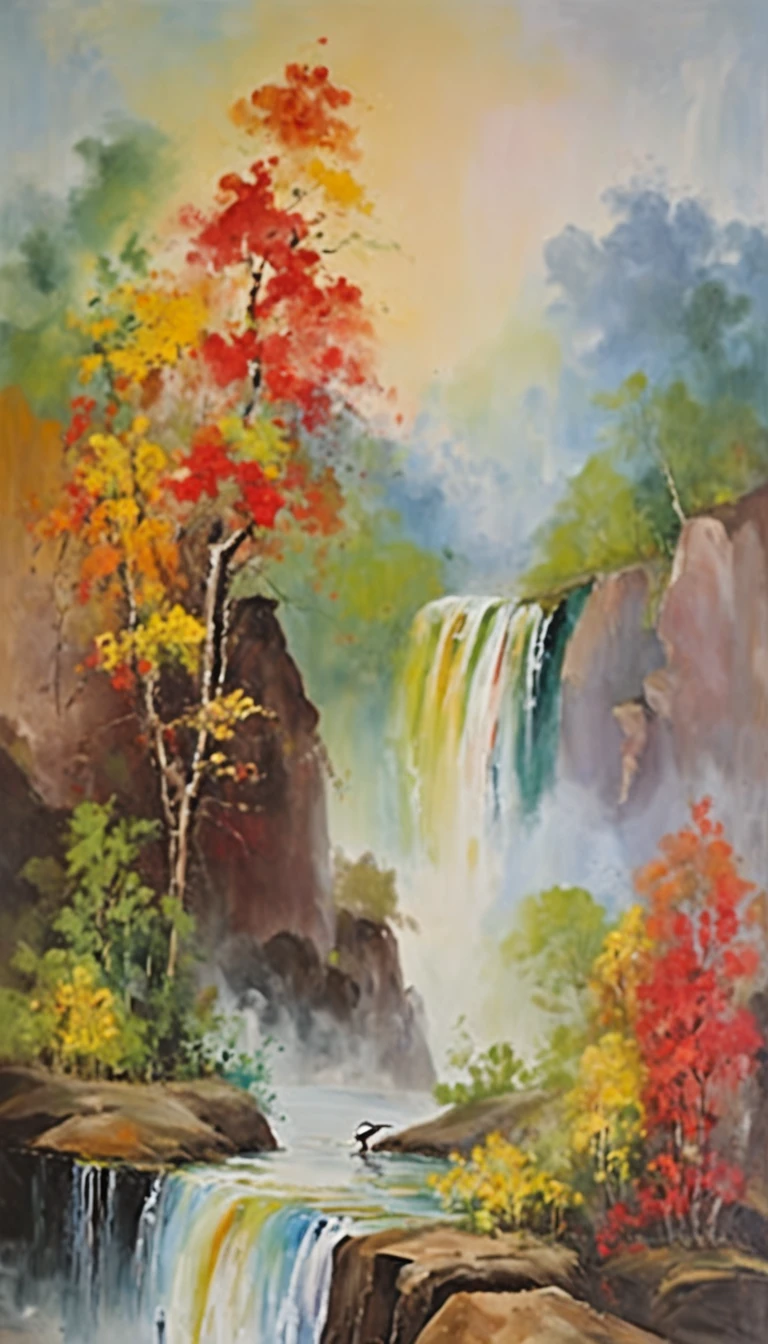 Landscape painting,Rolling mountains,with a waterfalls,Flying birds,k hd