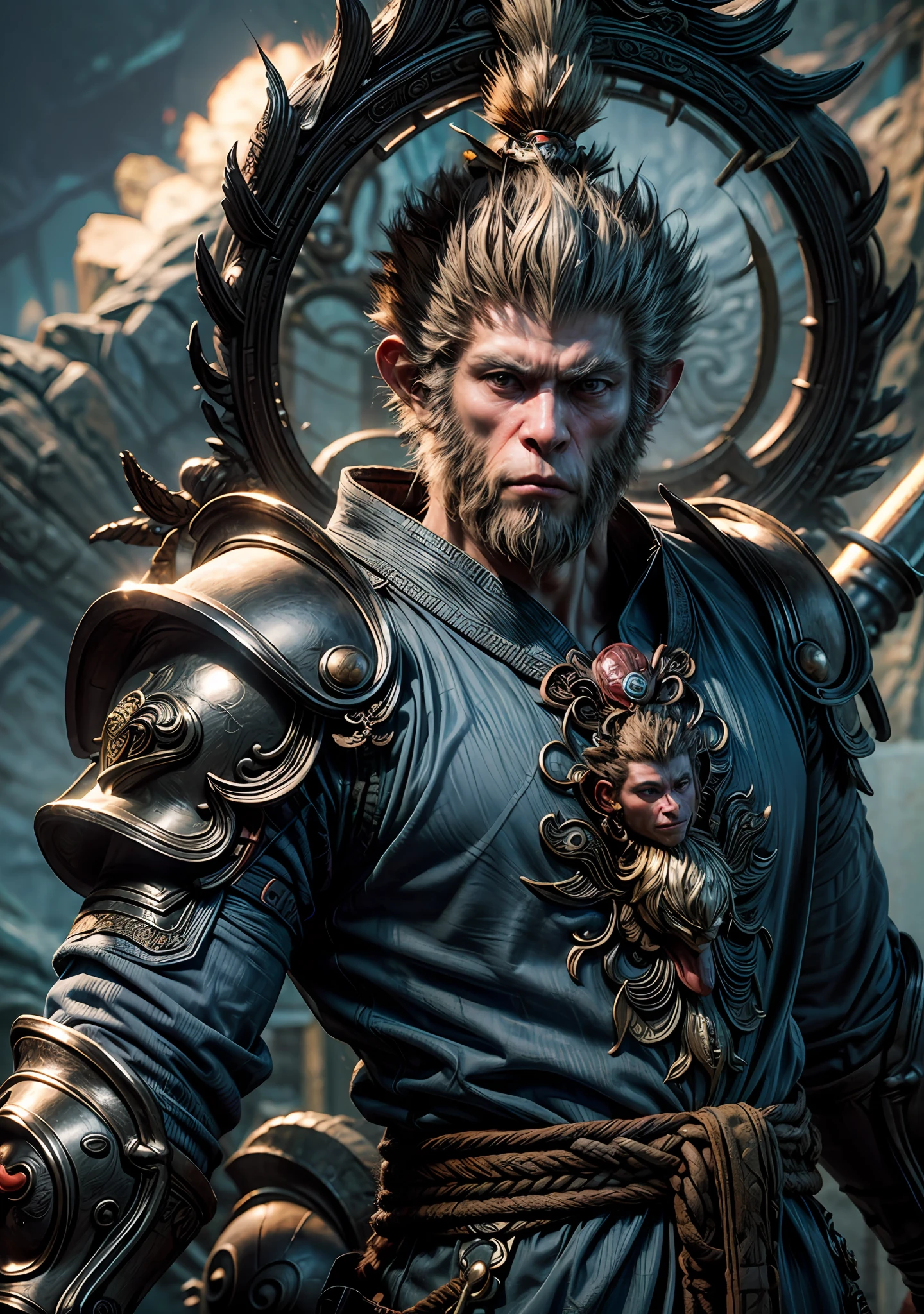 masterpiece, concept art, mid shot, dynamic pose, centered, splash art, Sun wukong, (anthropomorphism, monkey king god, holding mythical staff Ruyi Jingu Bang, Chinese myth), 1monkeyking majestic, solo, male focus, fiery effect, detailed eyes, shaded face, Chinese armor chest, armor, blue clothes, pauldrons, unreal engine, 8k, super detail, depth of field, studio lighting, (epic composition, epic proportion), Award Winning,