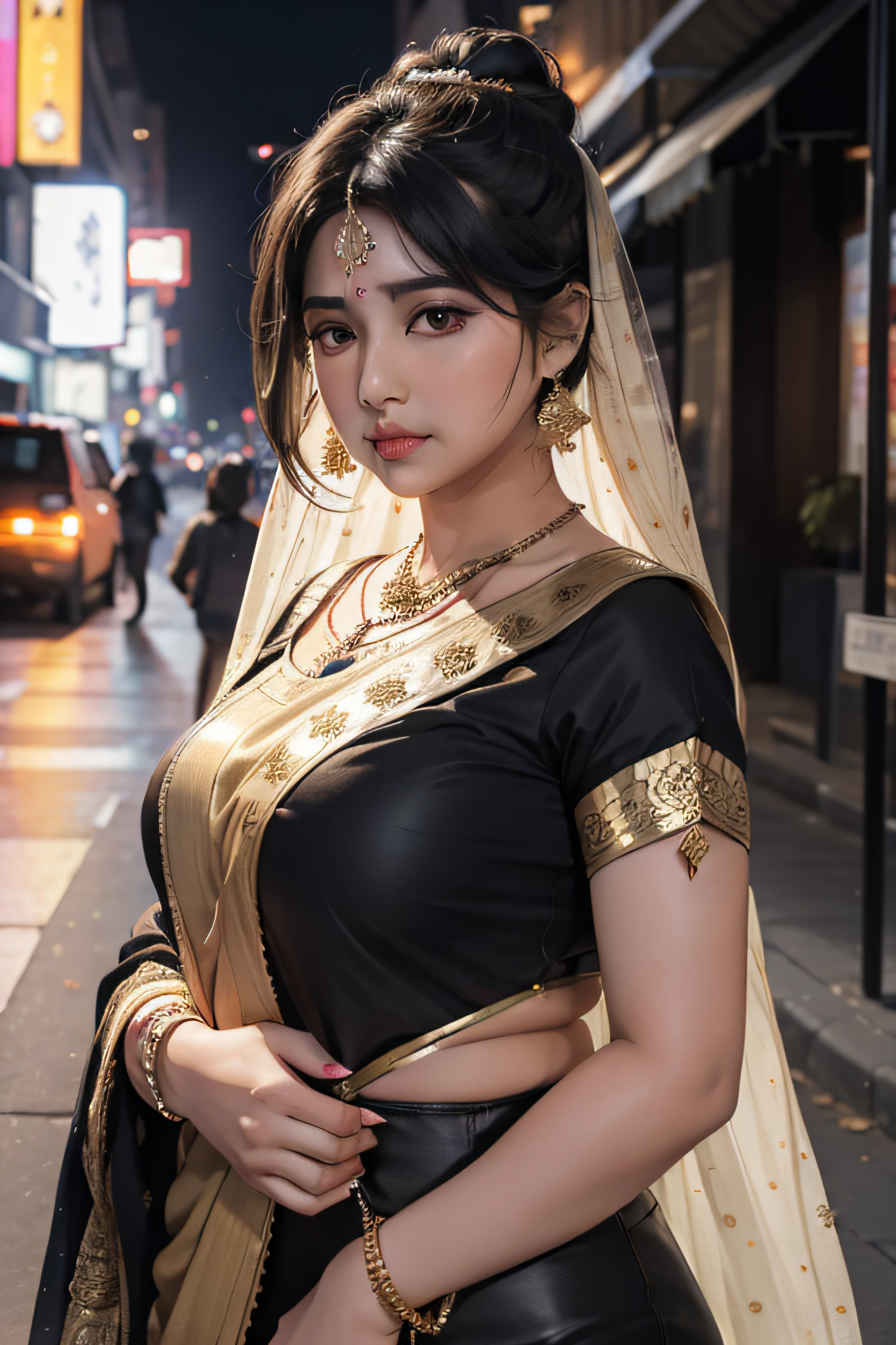 (((desi girl))), chubby face, natural skin, wearing hot deep neck top and dupatta, charming black hair, ((hair ends are blonde)), city streets background, bokeh
