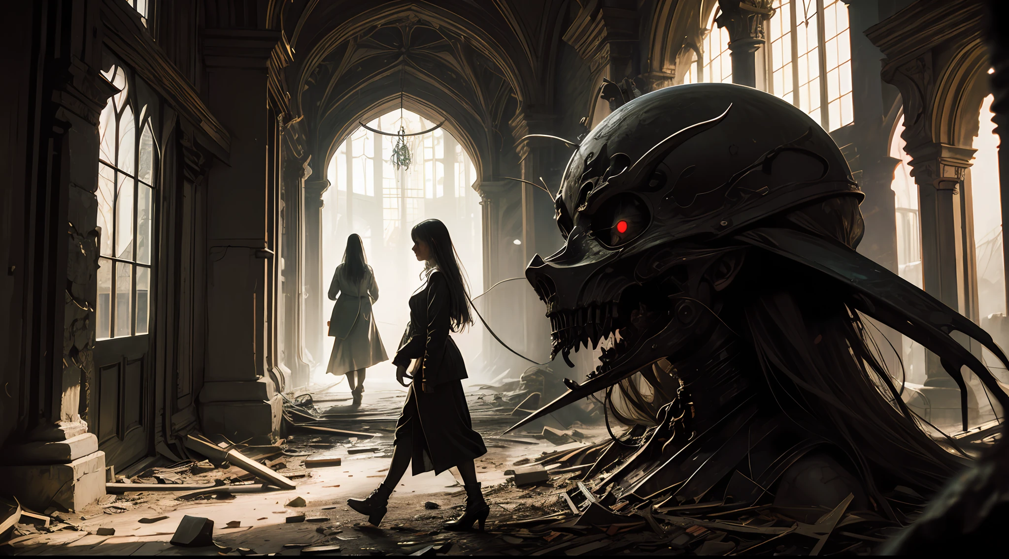 close up view of a (sks woman:1) walking inside an abandoned castle, horror, intricate details, high contrast, (artwork by Beksinski, methurlant),