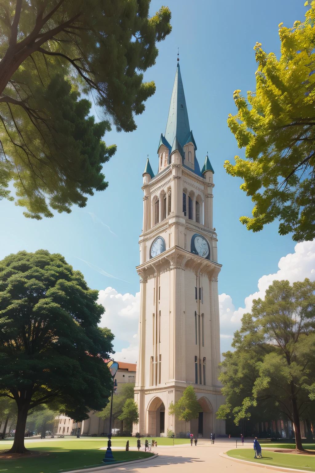 University campuses, Spacious green space, Beautiful building, Lively crowds, Logo logo, Happy youth, High tower bell tower