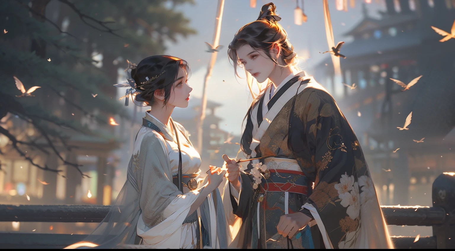A Chinese boy and girl、(full bodyesbian)、(Look at each other),Gentle eyes,Clear facial features,Clear facial features,wearing a hanfu,standing on a bridge,Ten fingers interlocked,The body is surrounded by white mist,There are magpies flying around,A cow stood in the distance watching the two men,Holographic reality,holographic halo,dynamic blur,Game lighting effects,rim-light,Soft light,cinematic rim light,The light is delicate