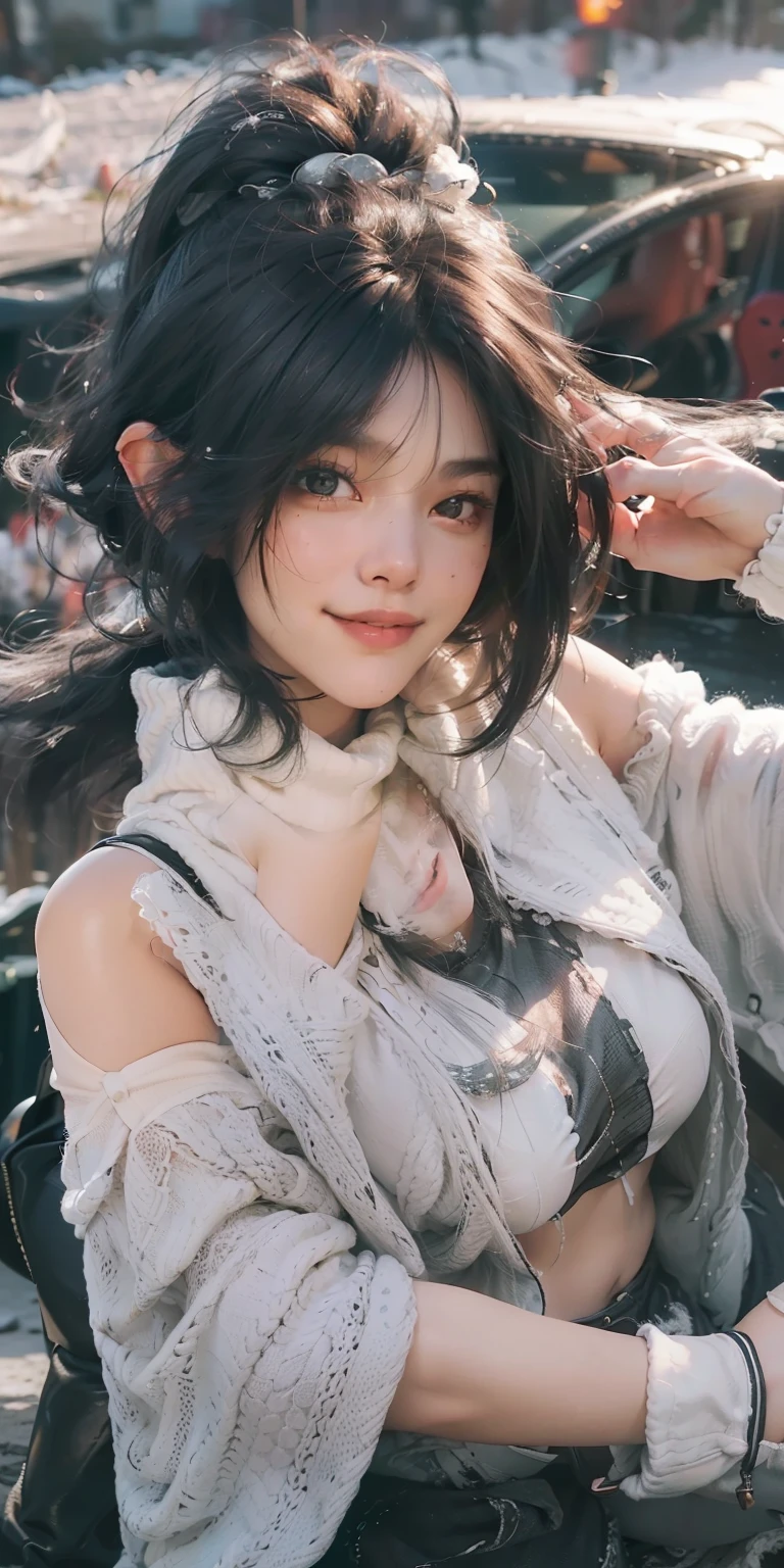 best quality, masterpiece, photo realistic, intricate details, raw photo, photon rendering, octane render, absurdres, ultra detailed, detailed face, detailed skin, trending on artstation, 8k masterpiece, cinematic lighting, ( (a girl),((solo)),((looking_at_viewer)),trending on cg society,plasticien,((black short hair)),((beautiful woman)),(Smile)warm shirt, woollen cap, Black jeans,white boots, lingerie, underwear,((the forest)(river),((sexy)),wind blowing hair, ((flowing hair)),happy, spring fashion
