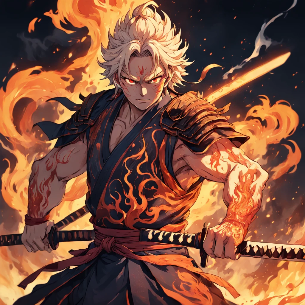 I want to draw Fudo Myōō, the Ming King of Buddhism, with a touch like an old samurai。Dressed in flames and flames covered mainly with human parts。I have a sword in my hand。