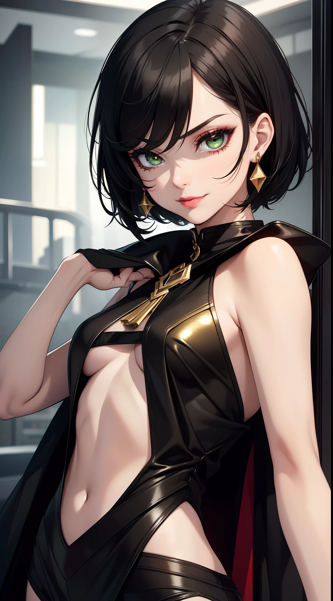 young girl, short black hair, Green eyes, black tight dress, Gold Elements, red elements, black eye shadow, Green lipstick, smirk, Masterpiece, hiquality