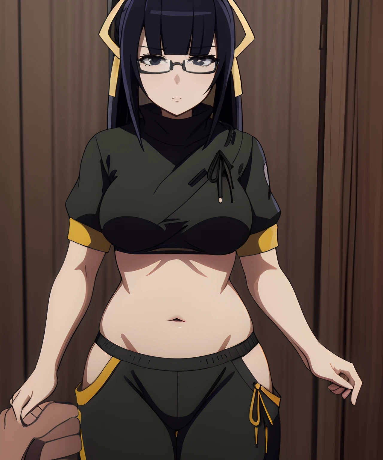 full body, nipples, breasts exposed, masterpiece, (pink kimono), seductive face, medium breasts, masterpiece, glowing eyes, 1girl, black hair, gag, bamboo, Nezuko Kamado, bedroom background, masterpiece, best quality, teenager, naked, pussy, standing, spiked collar, spiked wristband,