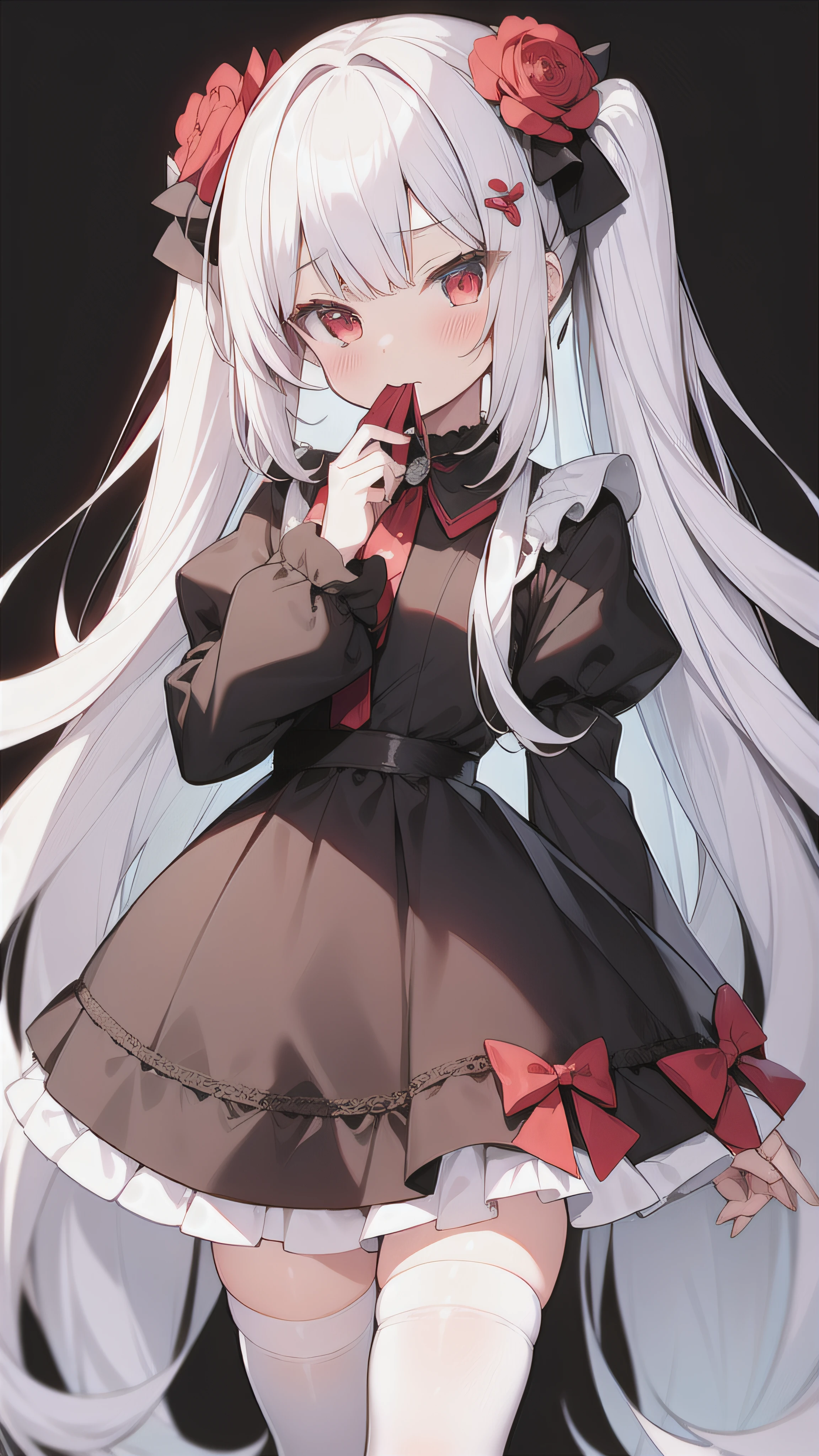masterpiece, best quality, loli, kawaii, long hair, hime_cut, :3, red eyes, white hair, hair flower, gothic_lolita, white thighhighs, uwabaki, hand_to_mouth, head tilt, game_cg, huge_filesize, simple_background,
