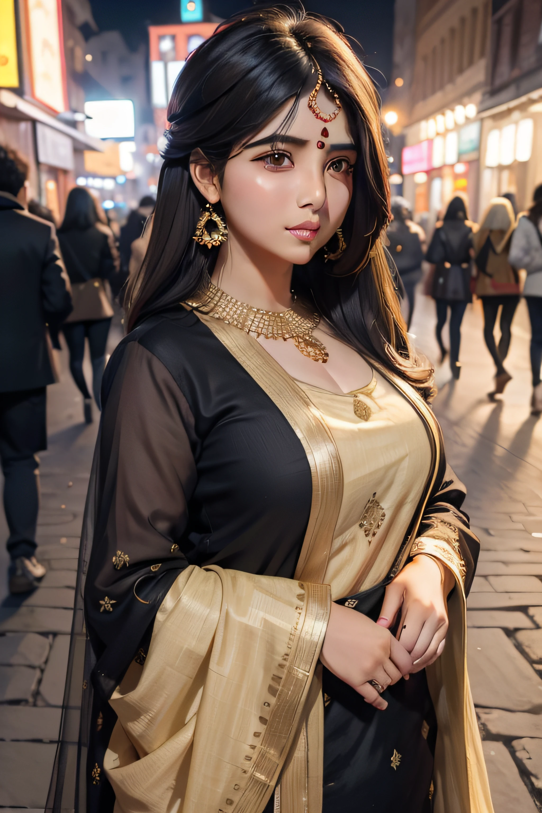 (((desi girl))), chubby face, natural skin, wearing hot deep neck top and dupatta, charming black hair, ((hair ends are blonde)), city streets background, bokeh