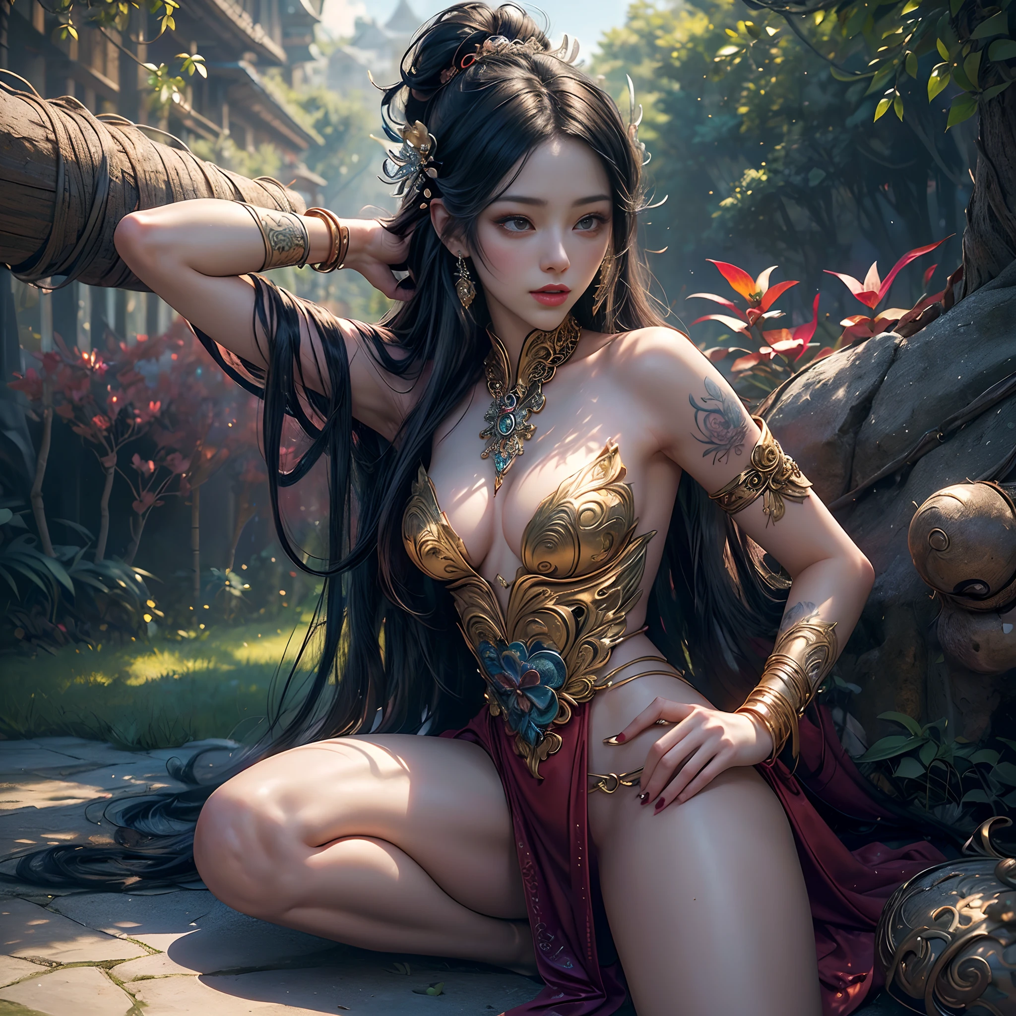 1 character, 1 girl, a dark night, kind person, Rose, (masutepiece, of the highest quality, Best Quality, Official art, Beautiful and aesthetic:1.2), , ighly detailed,(Fractal Art:1.3),Colorful ,highest details,(Sexy woman in dress, Beautiful babe ,Sex Slave, Erotic workers, prostitute, hooker),(SEX pose, Erotic design , Erotic face, erotic posing),(small tits, Golden hair , Big eyes, Sexy eye body covered with tattoos, Red lips, Sexy lips, Sexy face, hand tattoo, tattoos on the legs, Chest Tattoo ,Pore gray hair, (Wearing sex slave accessories ,golden accessory, Slave Bracelet, 手链, magical forest,(((masutepiece))), (((Best Quality))), ((Ultra-detailed)),(High Definition CG Illustration) ((extremely delicate and beautiful)),Cinematic Light, Create stunning artwork that mimics the style of the masters of the current trends of this genre. Art works include:、Must contain both erotic and sexual elements with colorful accents. The characters in the work are delicate yet strong.、It has an aura of mystery and magic. The character must be petite with subtle breasts. Pay close attention to complex facial features, enchanting eyes with bright colors and delicate shading, etc.. Embrace vibrant colors, Dynamic lighting, Detailed background elements to create awe and immersion. Thinking about the latest trends in fantasy art, Incorporate unique lighting effects, etc., Exploring dynamic and compelling compositional techniques, Try a unique color palette. Get inspired by top artists from Art Station and Mid-Journey. camera: Emphasize the beauty of the character、Choose an angle that enhances the magical majesty of your artwork. Lighting: Using atmospheric lighting technology、Creates depth and mood. resolution: Aim for high-resolution artwork that showcases intricate detail and clarity. Art Inspiration: Seek inspiration from trending artists at Art Station, Explore different styles of genres and themes.