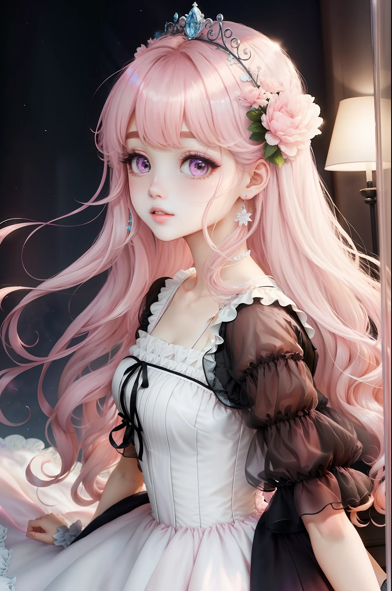 Princess A Princess Soft Best quality in good style(Highest Quality) , High quality(hiquality) Soft Hair Pink Fluffy Dress Blonde corolla long The whole body is reflected A wonderful atmosphere with very delicate tones Twin-tailed