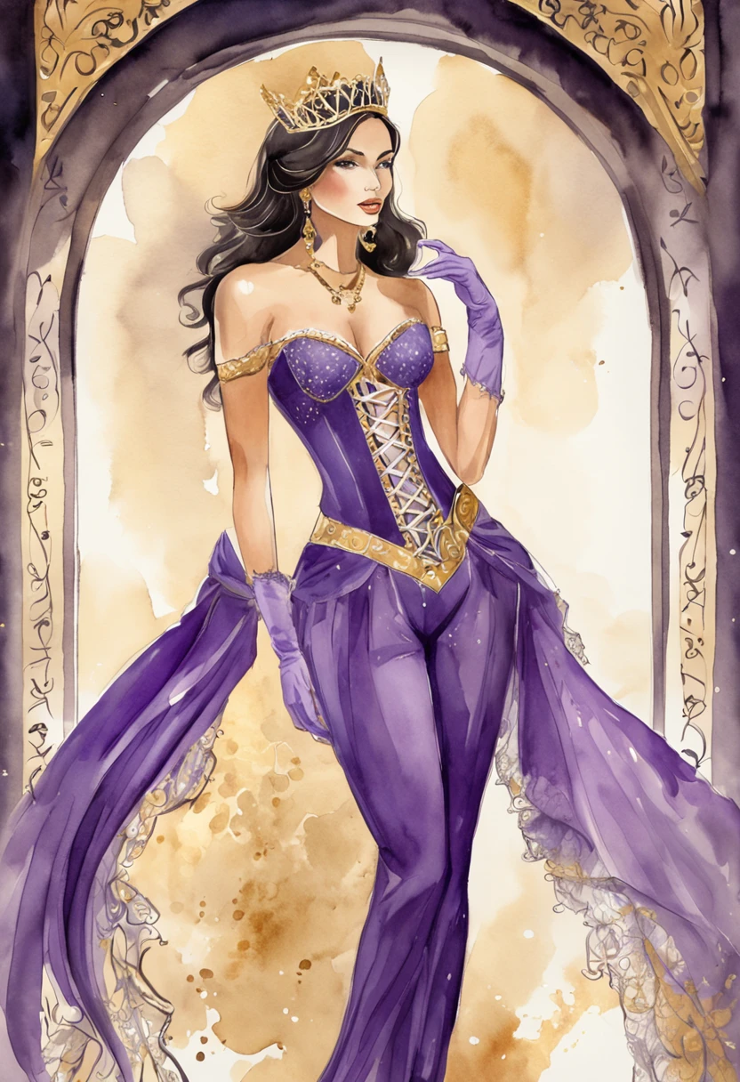 "A confident princess adorned in regal purple attire, flaunting intricate lace details and sparkling gold high heels. gold sling bikini, elegant white silk gloves, and a cinched corset."
