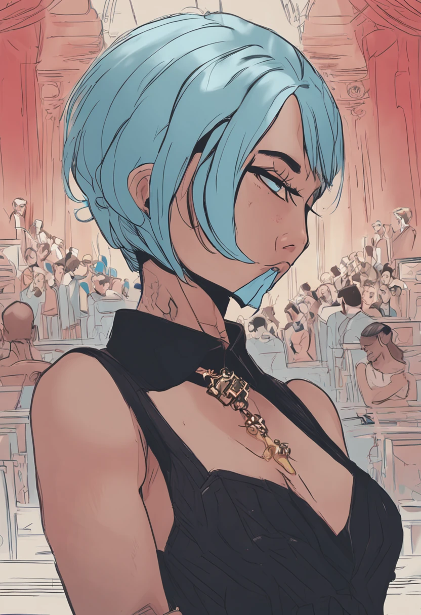 A young woman,Short light blue hair,耳Nipple Ring,Wearing a black suit,Sit in an upscale conference hall, low angles ,up-close
