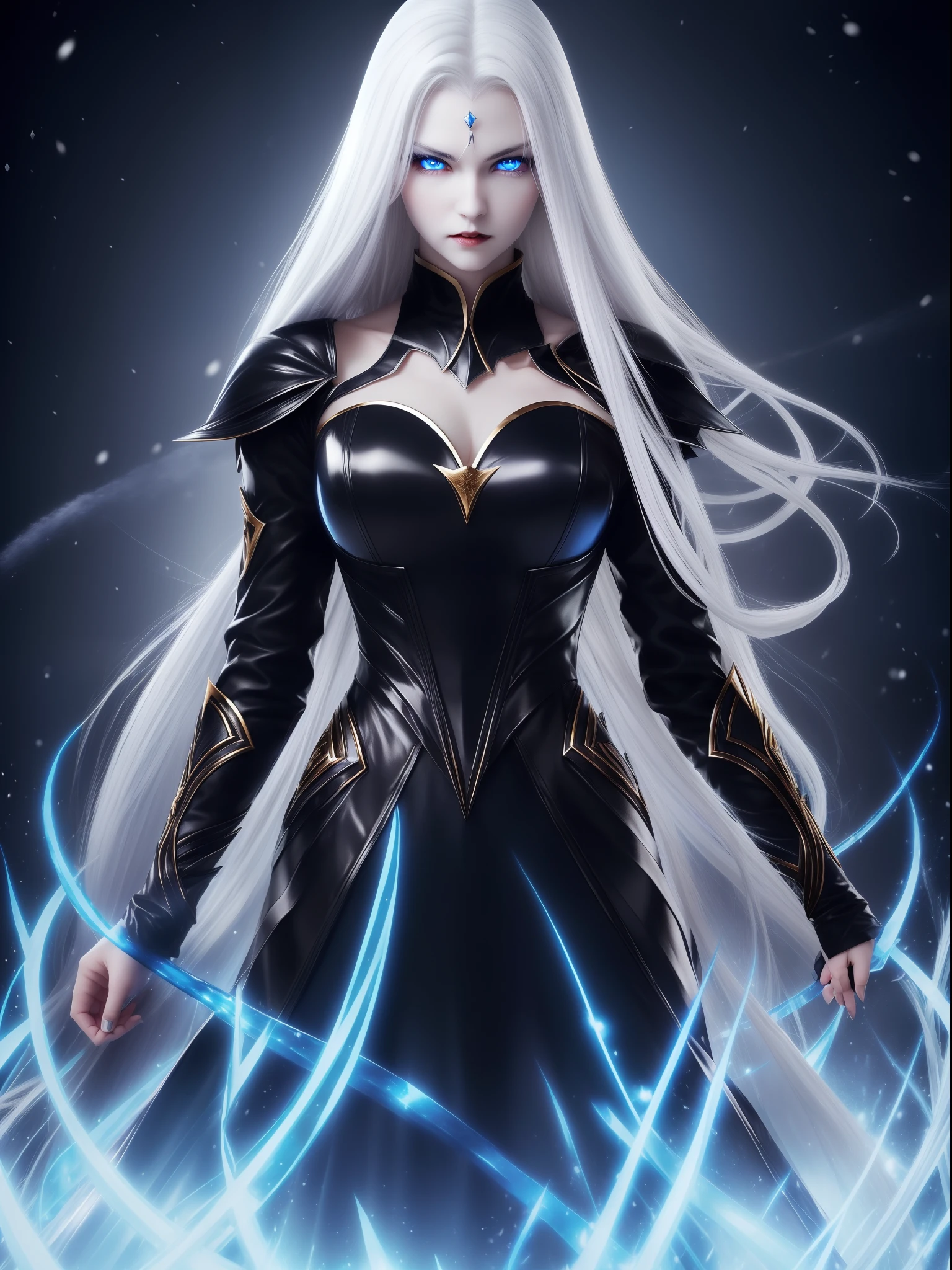 (Vampire、(Fair skin)、(Snow-white skin)、Silver hair long hair、(Blue glowing eyes)、Blue Pupils、Golden Eyes、ruthless look、Jet black dress、Beautiful figure、Perfect Style)、blue flames