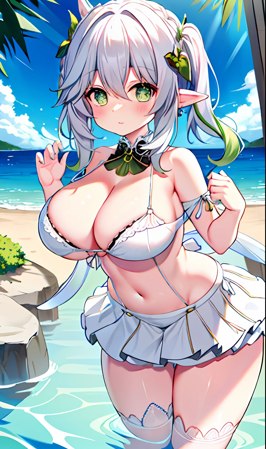 (white backgrounid:1.4),(tchibi:1.2),
tmasterpiece,Best quality,
独奏,((Extremely delicate and beautiful girl)),(full bodyesbian:1.2),elvish ears,hair adornments,Broken hair,short detailed hair,Light green eyes,huge boob,white dresses,silver
stand,(Ruffles),(White_upper legs),Hold the,Keep one's mouth shut,
fanciful, (Surrounded by waves), Nahida, nakeness, fullnude, A white bikini,gigantic cleavage breasts,semi-bare,Sexy big ass,Erotic lingerie,Fiddling with sexy ass,Expose sexy breasts,The kinky is exposed ,Protruding anteriorly and posteriorly,Pornographic