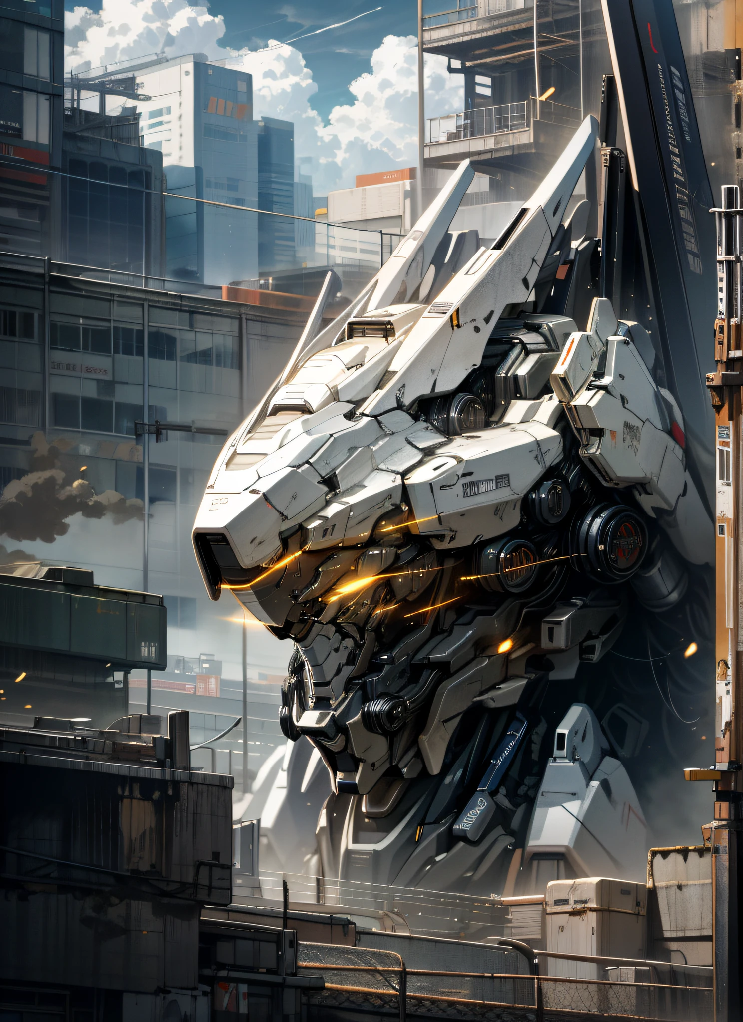 sky, cloud, holding_weapon, no_humans, glowing, , robot, building, glowing_eyes, mecha, science_fiction, city, realistic,mecha