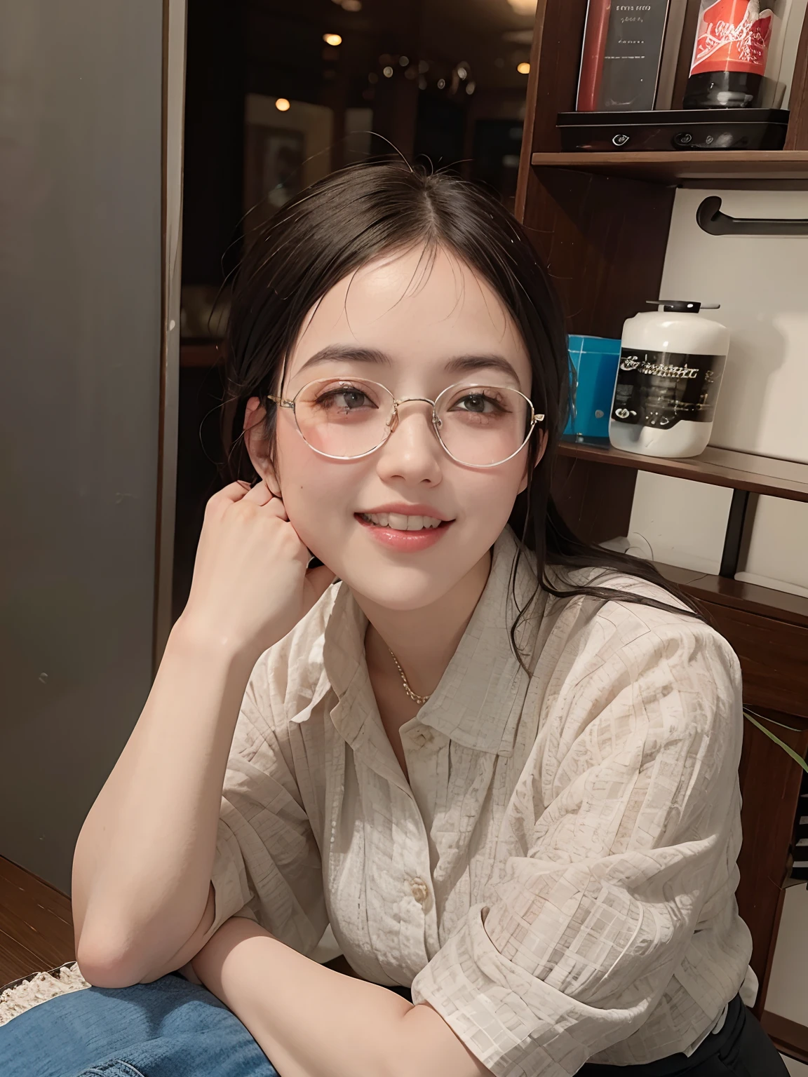 Black hair,circle glasses,Young lady,White color blouse,A natural smile