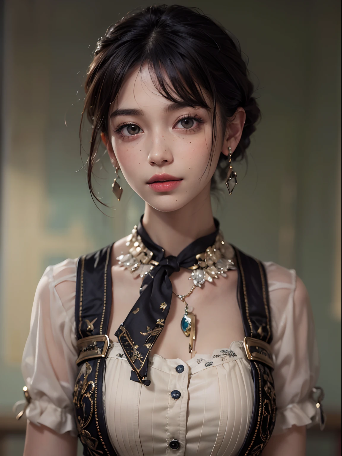 (8k, RAW photo, highest quality, masterpiece:1.2), ultra detail, ultra high resolution, (photorealistic, photorealistic photo:1.37), portrait, high detail RAW color photo, professional photo, grain texture photo, extremely delicate and beautiful, extremely detailed, 8k wallpaper, amazing and detailed detail, huge file size, official art, highly detailed CG unity 8k wallpaper, very detailed beautiful girl, very detailed face, very detailed eyes, Very detailed skin, very detailed fingers, very detailed nose, very detailed mouth, perfect anatomy, very detailed background, very detailed clothes, 1girl, (20 years old:1.2), 20s, cute girl, realistic body, petite, facial pores, fine facial freckle marks, rough skin, slender body, handsome body, black hair, short hair, (blunt bangs:1.2), smile, cute, youth, cute face, realistic face, delicate eyes, drooping eyes, unbuttoned blouse , brazier chest exposed, very short skirt, earrings, viewer view, cowboy shot, facing forward, standing position, contraposto, dynamic lighting, very large breasts, cowboy shot