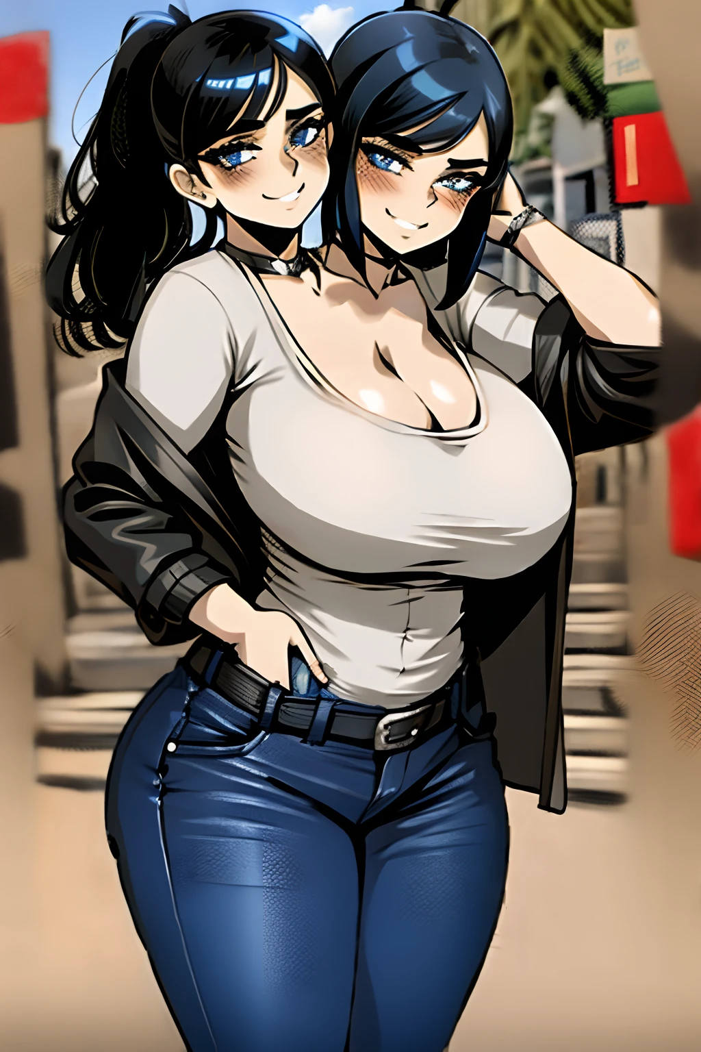 2heads, a very short fat woman with 2 heads. She has enormous breasts. She is outside in a parking lot. She is wearing a leather jacket and jeans. She looks smug. She has gigantic breasts. She is extremely short and fat. She has long black hair in a ponytail. She is blushing. She is happy. She has massive breasts.