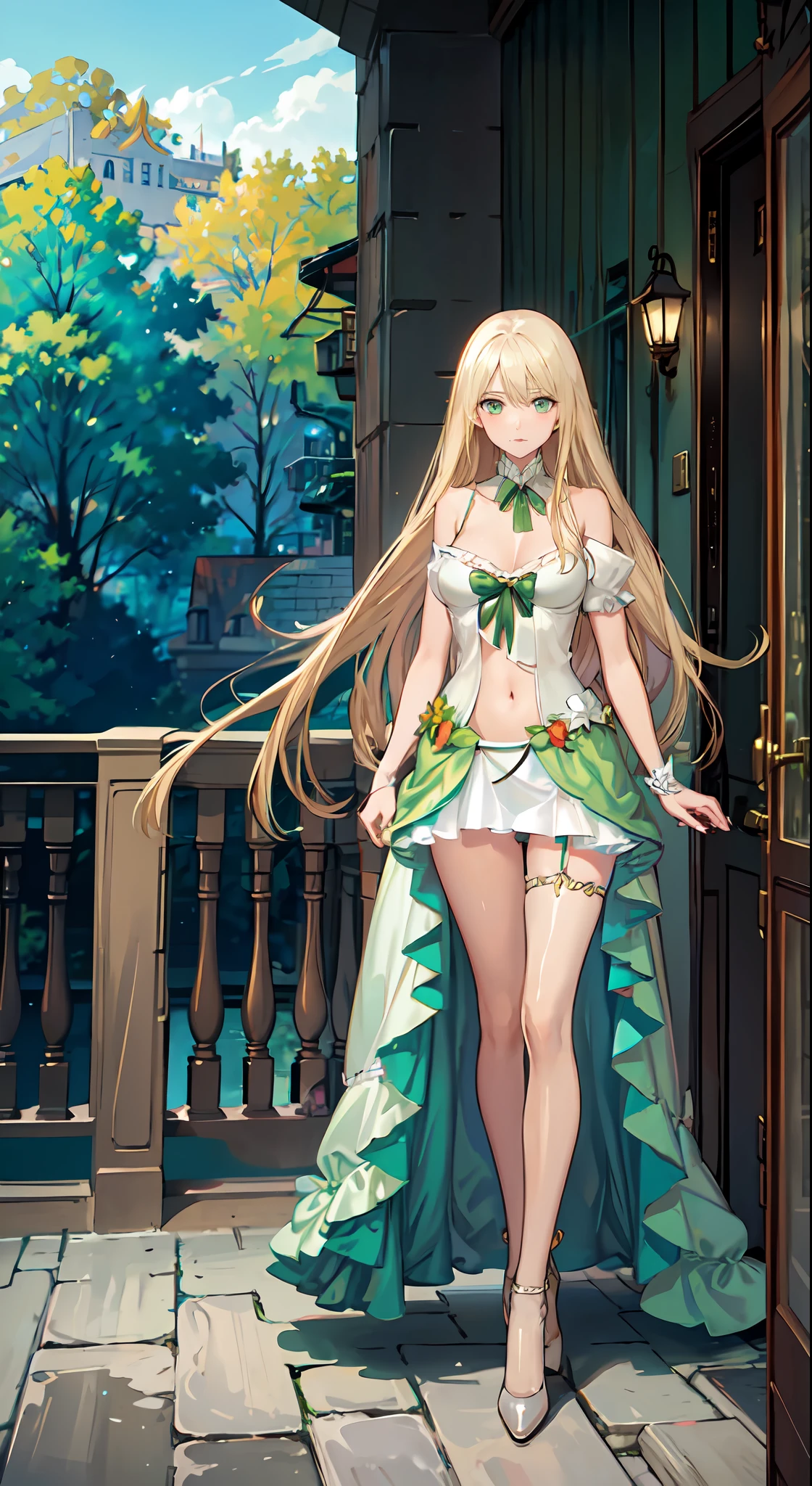 blonde hair, long hair, green eyes, green gown, short skirt, slim legs, navel, balcony, shacking, cleavage, bend over, blank eyes, thigh high socks