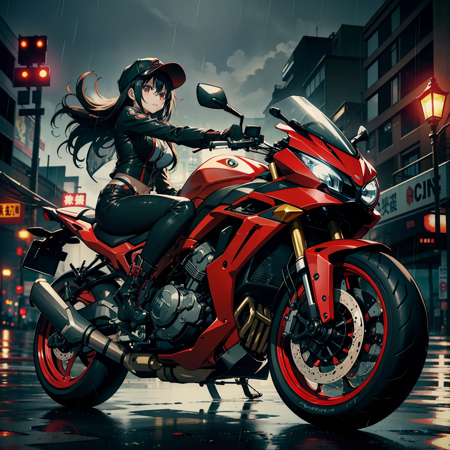 Kurumi from Date a Live on a motorcycle, in a rainy city, with an 8k high-res image