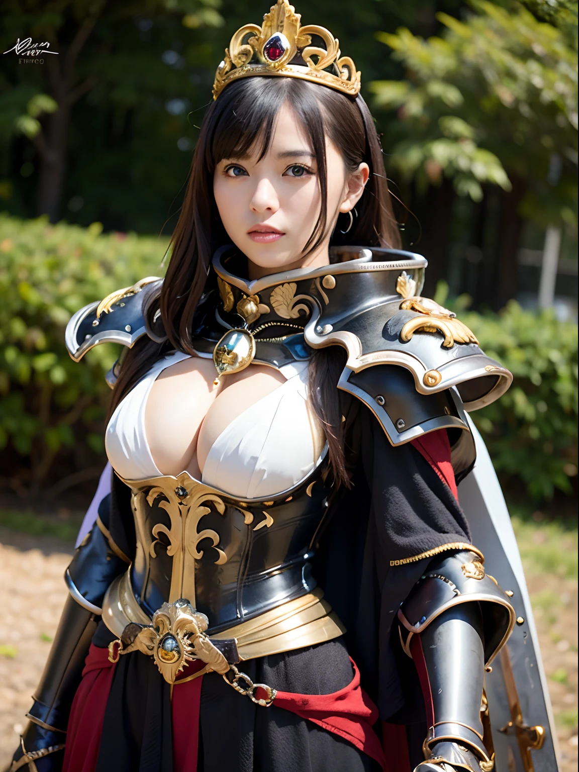 (masutepiece), Professional , masterpiece、top-quality、photos realistic , depth of fields (Gemstone Silver Metal Body:1.9),(Matte White、Jewel Gold Weapon(Jewel Metal Body:1.4),Gorgeous metal weapons , Detailed Sword of the Brave , Beautiful knife ,warhammer 40k , adepta sororitas,Detail and ornate jewel crown、Black hair、Gangle's forest background、Beautiful Caucasian beauty、1a person、dynamic ungle,(((Detailed and ornate diamond crown)))、Smaller head、A smile、Take a sexy pose、Background inside the castle、Thin and beautiful female hands、cleavage of the breast、Soldier in iron armor on background、Soldier in iron armor on background、Mystical expression、