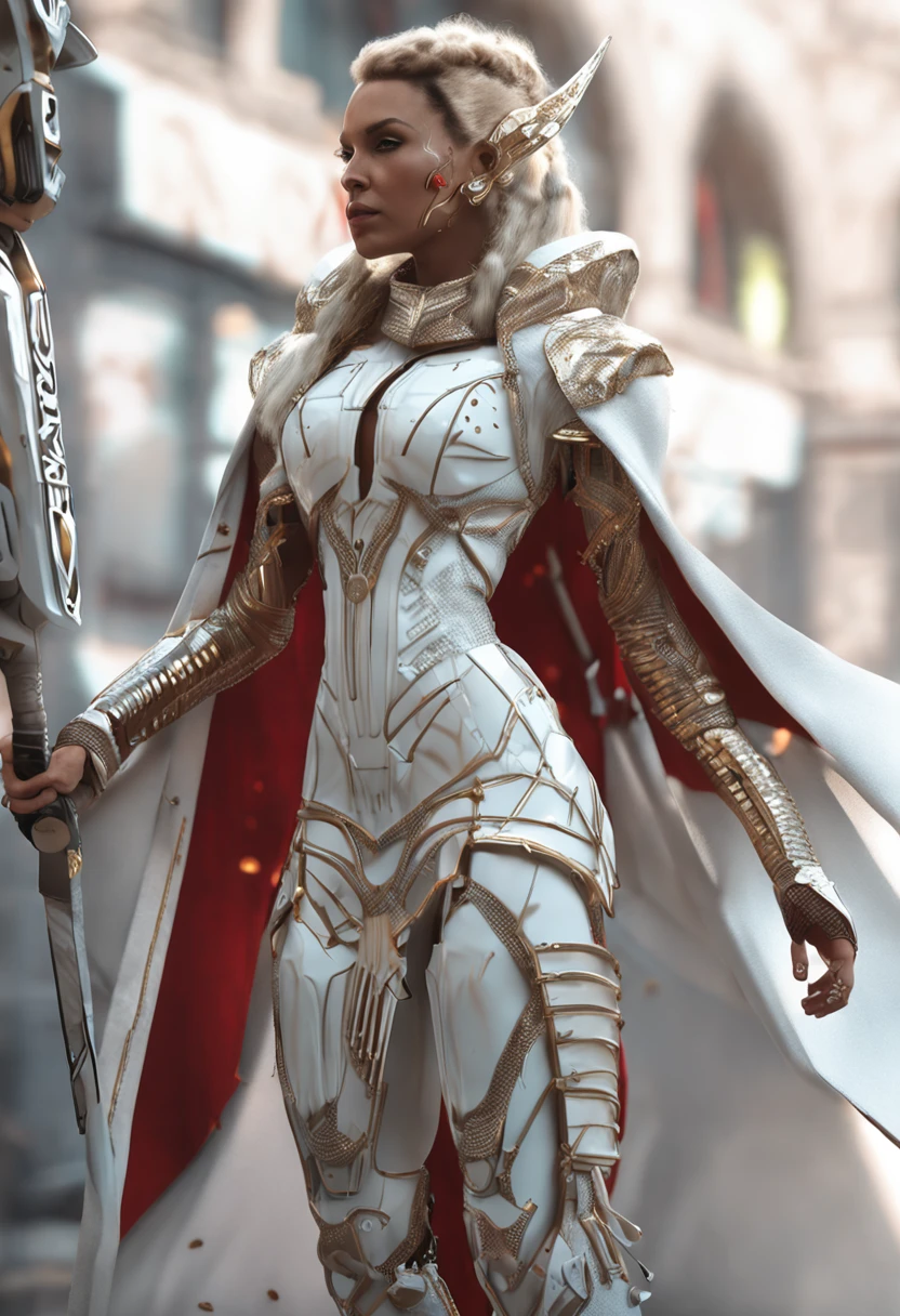 modern cyberpunk viking woman, white armor, white animal skin in the form of a cloak, high puffy hairstyle with braids, celtic red ornaments, full height, 3d stylized character, cyberpunk elements in a suit, luminous inserts in a suit, cyberpunk ornament on a dress, cyberpunk armor, gold hair, many pigtails, tanned skin, glow elements on the dress, Golden hair, cyberpunk clothing with glowing elements