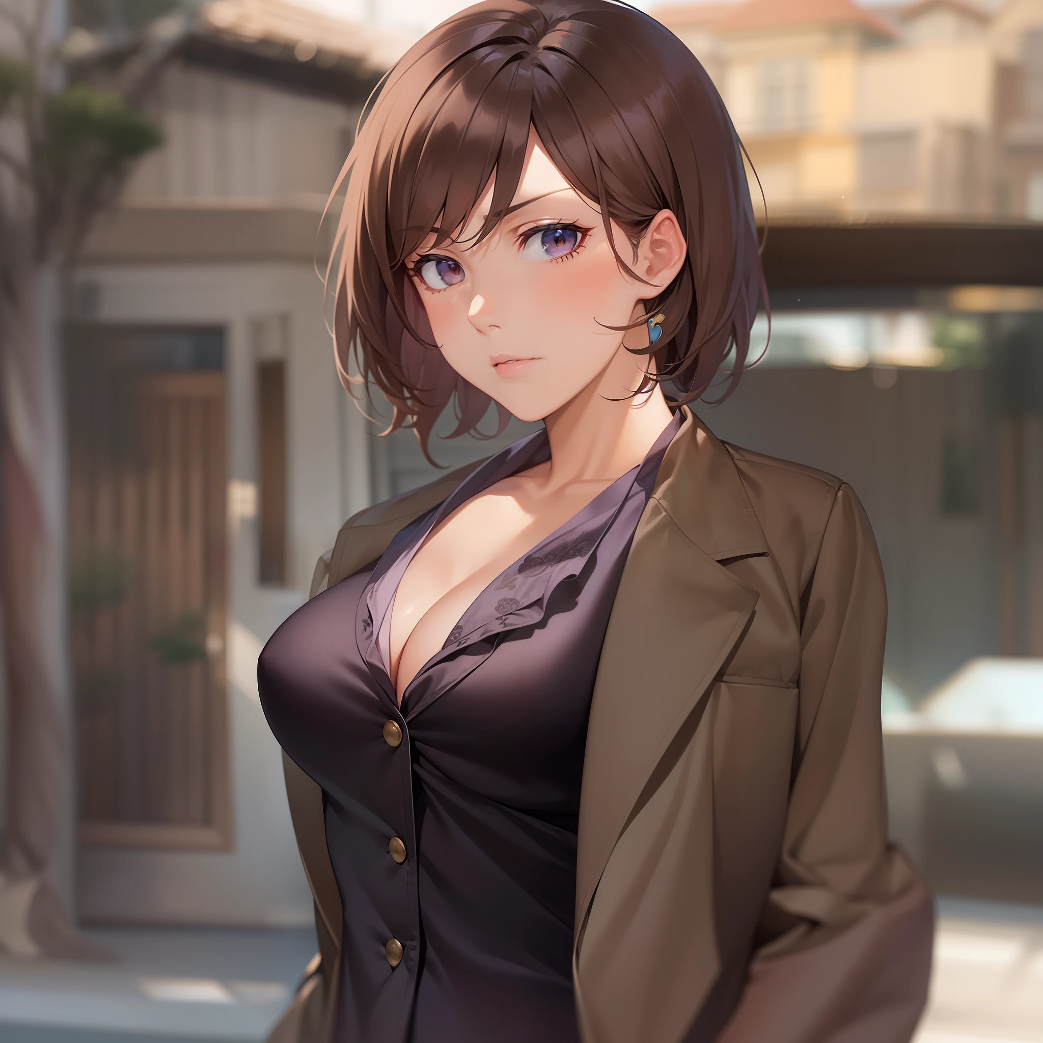 masutepiece, (Best Quality), 1womanl, , brown haired , Brown eyes,Medium Hair,Skirt suit,Best Quality , Vibrant colors ,Natural lighting  ,nffsw,   Beautiful, (Detailed face:1.2), showcase, (Beautiful eyes) ,(Photorealistic:1.1), 8K UHD,  Look at viewers,  simple backround、outside of house、full body Esbian、40 years、a matural female、Adults、Strong-minded woman、serious faces、1 persons、