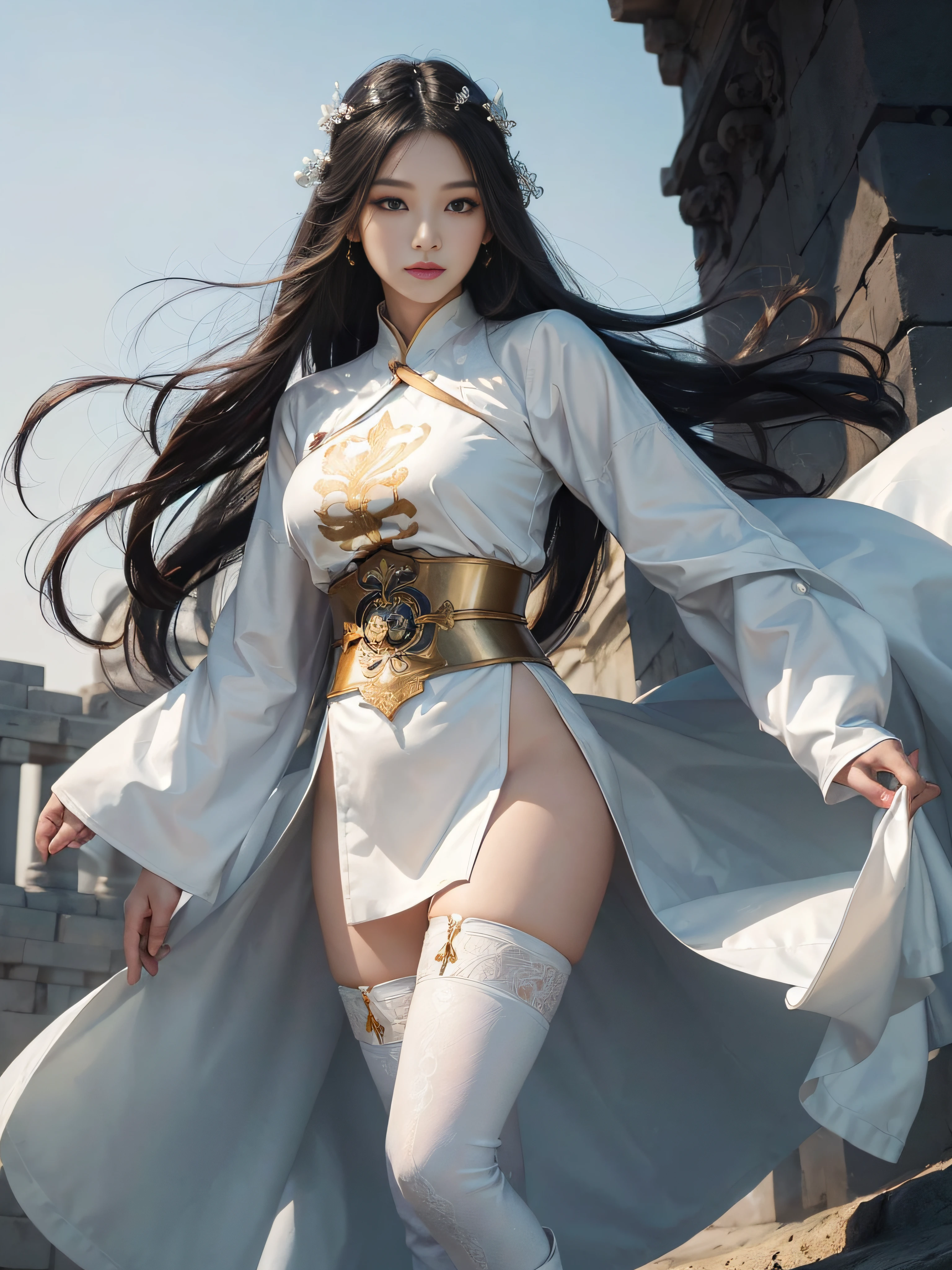 (tmasterpiece,High Picture Quality,Beautiful face,Oriental women,Eastern warriors,gallant woman,swordsmen,a matural female,Refined eye and facial details,Stand tall,Fairy-like appearance,Beautiful embryos,Light gauze like white,Cloth boots and over-the-knee stockings display,Hanfu,ancient wind,Light smoke and mist surrounds,Long black hair,Stunning beauty,Tallbody,Rich scene details,action,Wide buttock,Thick thighs)