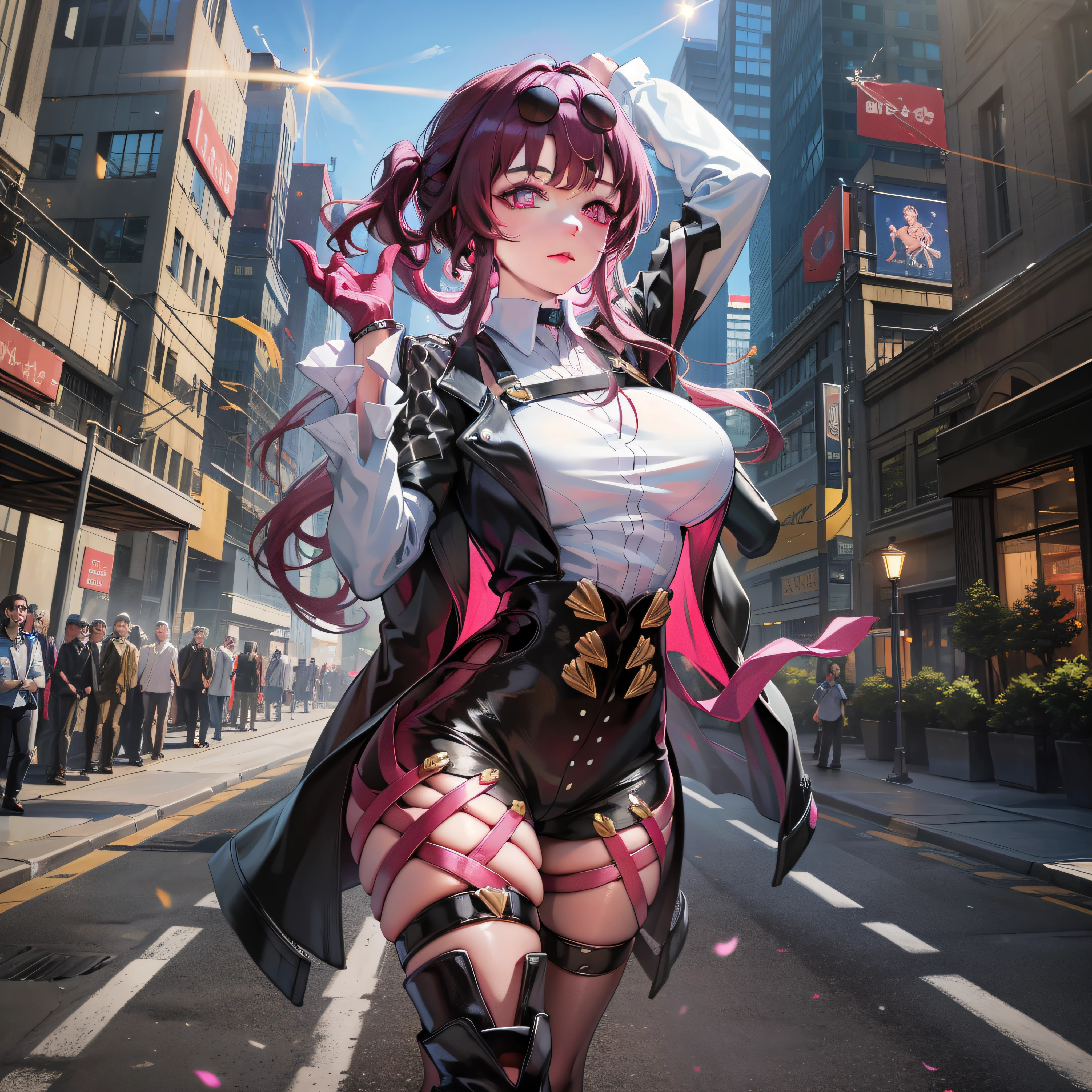 (highly detailed:1.3),full body, hsr_kafka,large breasts,arms behind head,seiza,closed mouth,light smile, Ultra-detail,(highres:1.1),best quality,(masterpiece:1.3),cinematic lighting, the center of city, futures, blue sky, ray tracing, amazing, {{Masterpiece, Best Quality, High Solution, Depth-Of-Field, Extremely Detailed CG, Unity 8k Wallpaper, Cinematic Lighting, Lens Flare}}