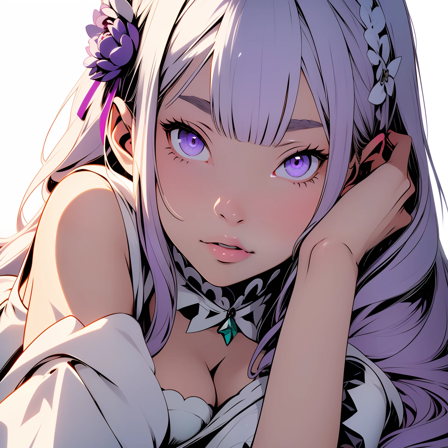 (masterpiece, best quality), (detailed face and eyes) Emilia from Rezero, beautiful girl, lying down, (detailed beautiful eyes) underwear, full body shot, long silver hair, purple eyes, visible bellybutton, elf ears
