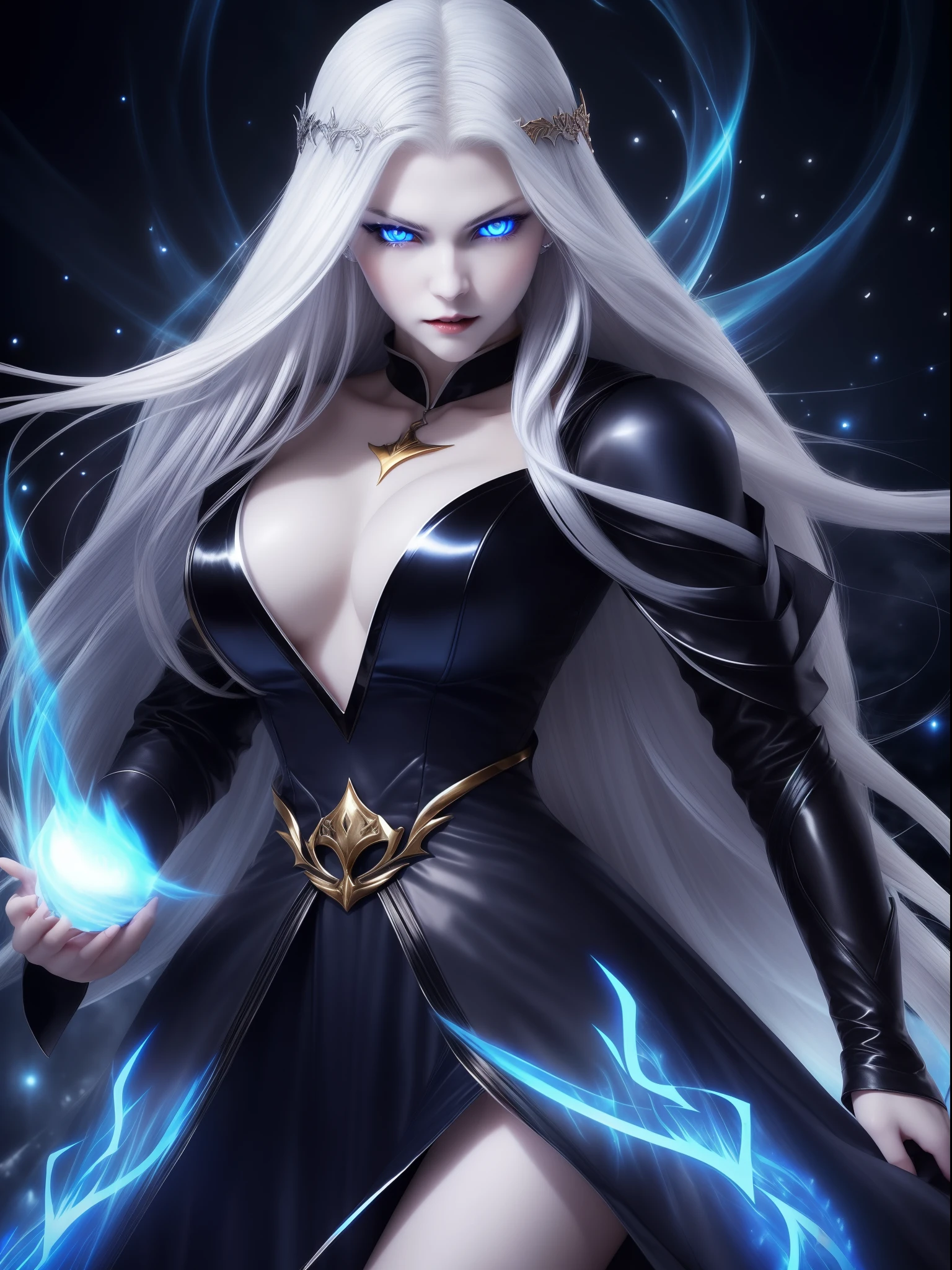 (Vampire、(Fair skin)、(Snow-white skin)、Silver hair long hair、(Blue glowing eyes)、Blue Pupils、Golden Eyes、ruthless look、Jet black dress、Beautiful figure、Perfect Style)、blue flames