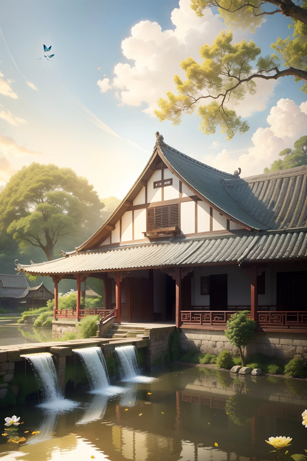 Huge tree，florals，rios，Huge watermill , [(White background:1.5)::5], Medium Shot Shot, butterflys,Petals floating in water,steins,Cloud,setting sun,Dusk,House under the tree，Traditional Chinese architecture，A heartwarming boy