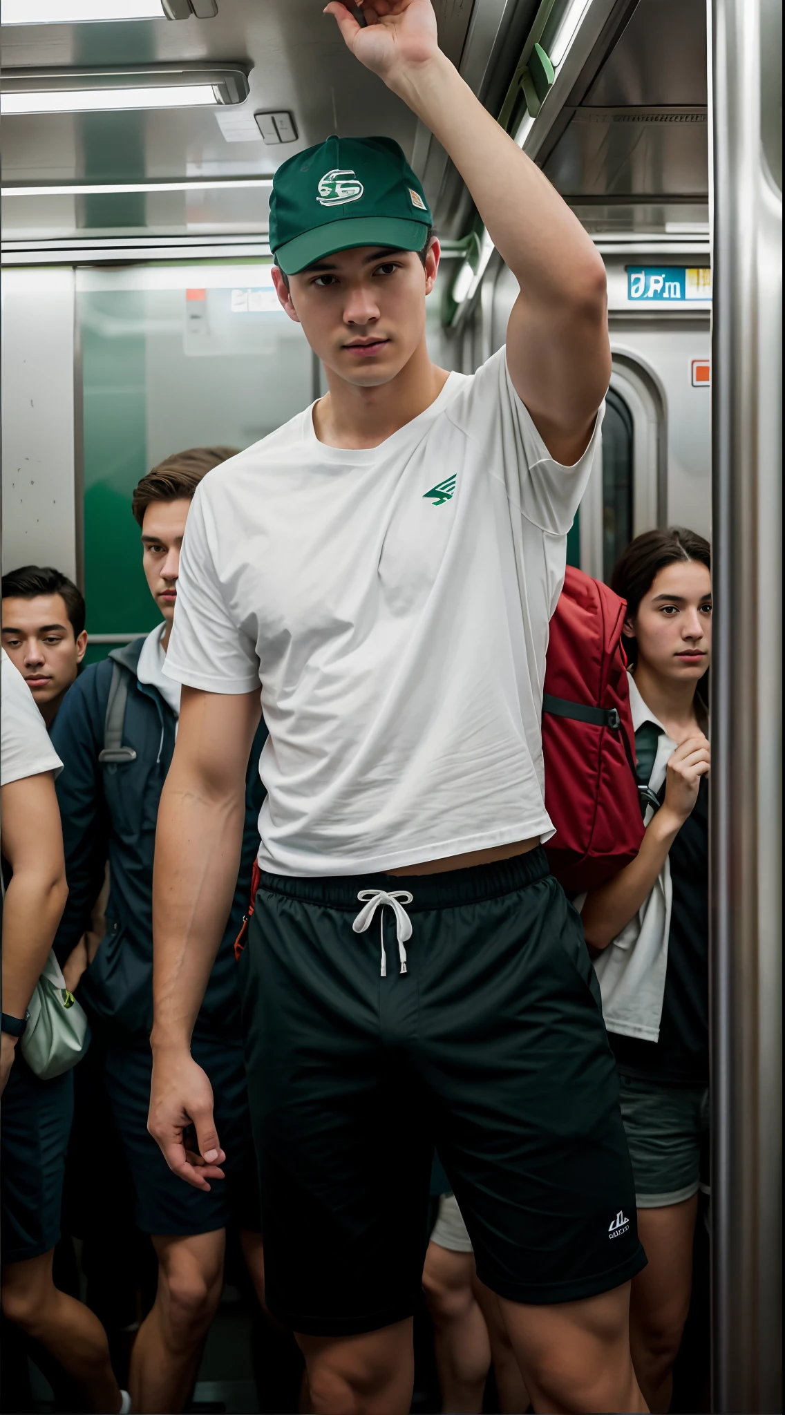 1人，A 20-year-old man in the subway，Standing in a subway car，Ultra-flat head，White sports T-shirt，Dark green sports shorts，leg apart，Slender figure，Handsome，Looking at the phone，Red sports backpack，white short socks，White sneakers，White baseball cap，exhilarated，Be red in the face，full bodyesbian，Exposing thighs，Expose calves，Thick leg hair，In crowded subway cars，gentlesoftlighting，tmasterpiece，best qualtiy，8K  UHD，digital SLR camera，filmgrain，Fujifilm XT3 Realistic painting art，Written by Midjourney and Greg Rutkowski