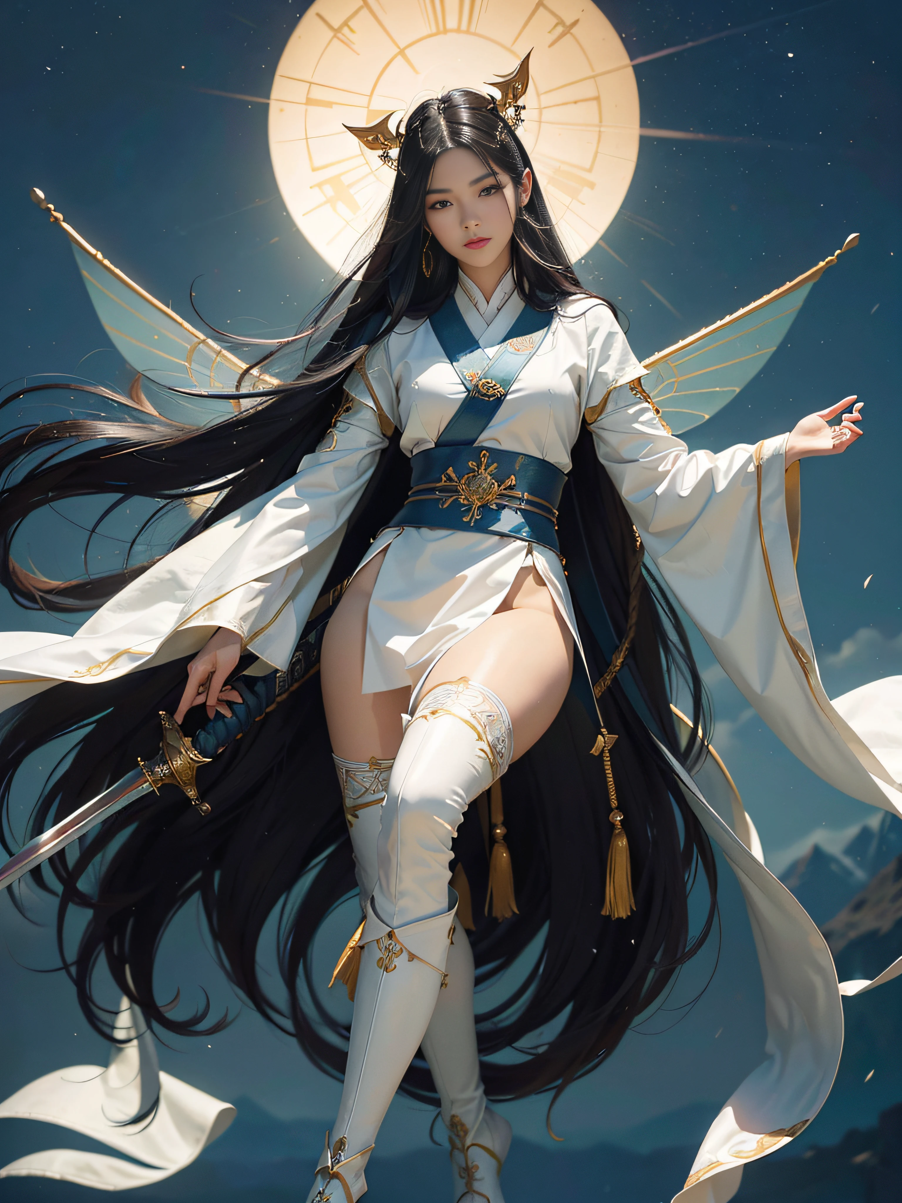 (tmasterpiece,High Picture Quality,Beautiful face,Oriental women,Eastern warriors,gallant woman,swordsmen,a matural female,Refined eye and facial details,Stand tall,Fairy-like appearance,Beautiful embryos,Light gauze like white,Cloth boots and over-the-knee stockings display,Hanfu,ancient wind,Light smoke and mist surrounds,Long black hair,Stunning beauty,Tallbody,Rich scene details,action,Wide buttock,Thick thighs)