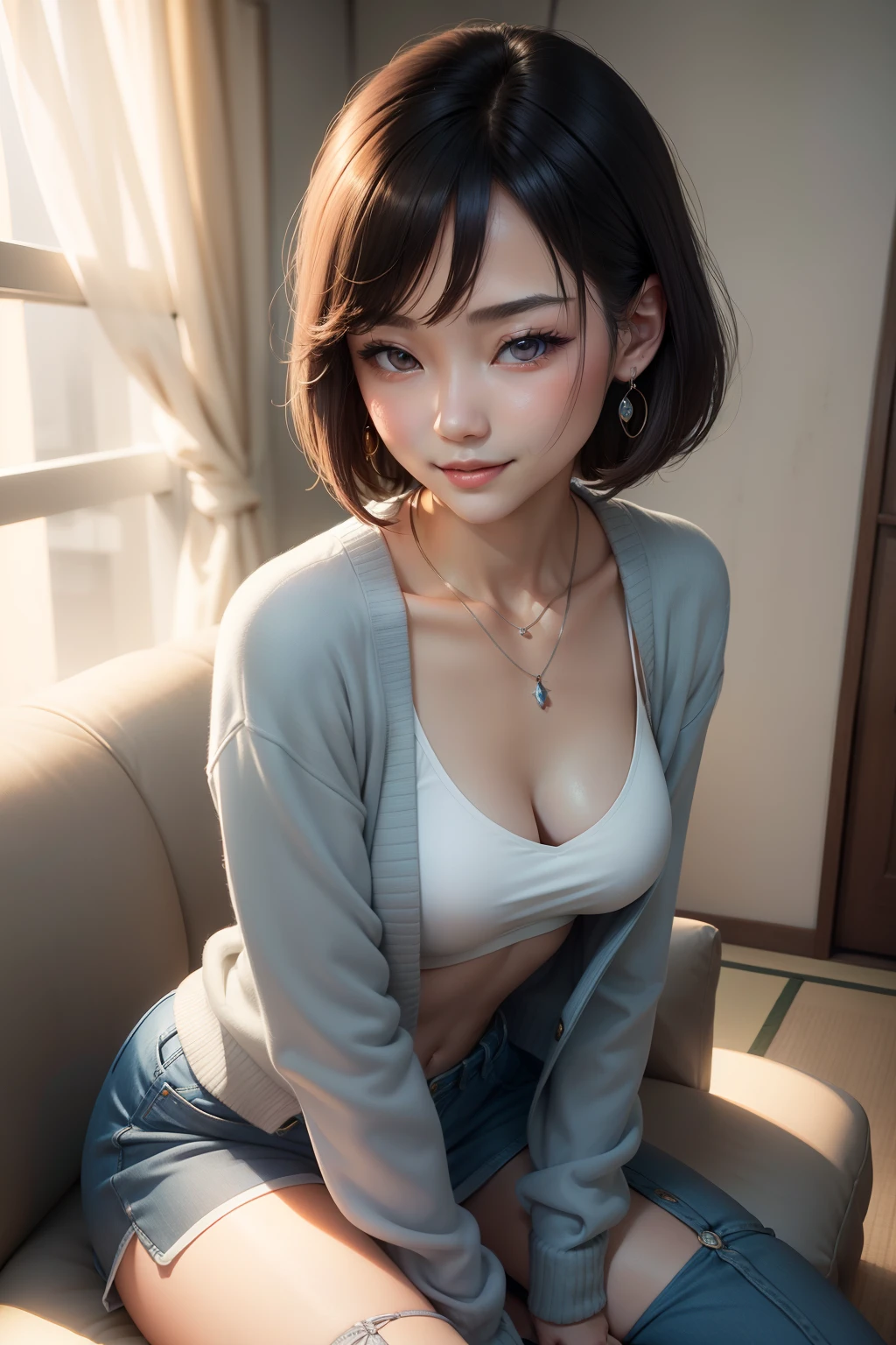 Smiling minchen, ridiculous, closed mouth, balanced eyes, (Best Quality Detail: 1.2), Realistic, 8K HD, Ultra Detailed, High Quality Texture, Complex Detail, Detailed Texture, Fine Detail, High Detail, Very Detailed CG, High Quality Shadows, Delicate Beautiful Delicate Face, (Delicate Beautiful Delicate Eyes: 1.32), Depth of Field, Ray Tracing, (A Beautiful 25-Year-Old Cute Japanese Lady: 1), Small Breasts, Tall Feminine, Beautiful Legs, Glowing Eyes, Blush, Perfect Petite, Scrawny, Blurred Outdoor Background, Silver Tight Bra, Blue Taste Denim Jacket, Cardigan Coat: 1.1, [Brown skirt]: 1, stockings and suspenders: 1.2, short hair, comfortable living room, sunshine, kneeling on sofa, earrings, necklace, model, looking at the audience, dynamic pose, earrings, necklace, model, looking at the audience, from the side, dynamic pose, front