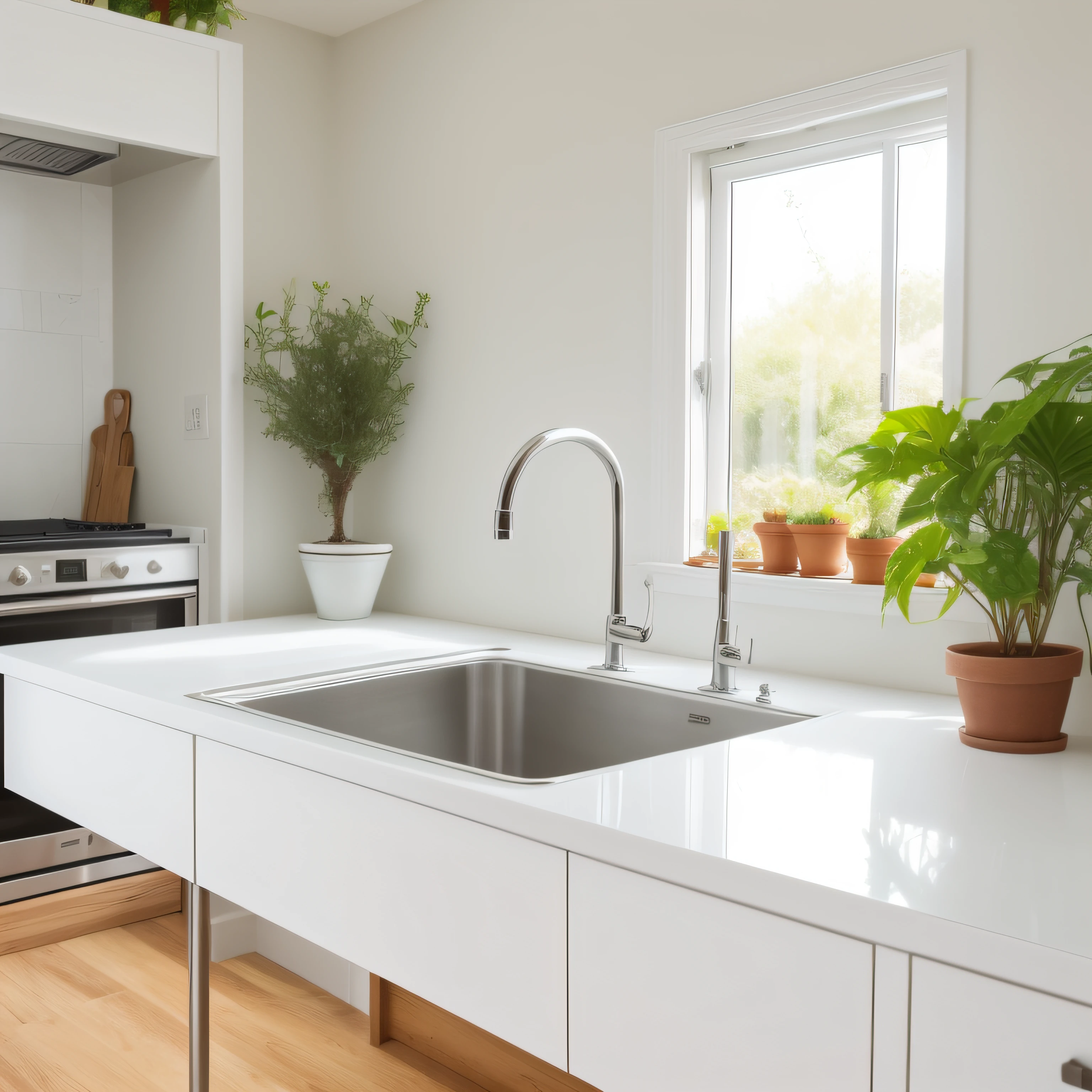 Kitchen sink,Table top for food and plant decorations,Focus on a single sink,Bright environment,White wall