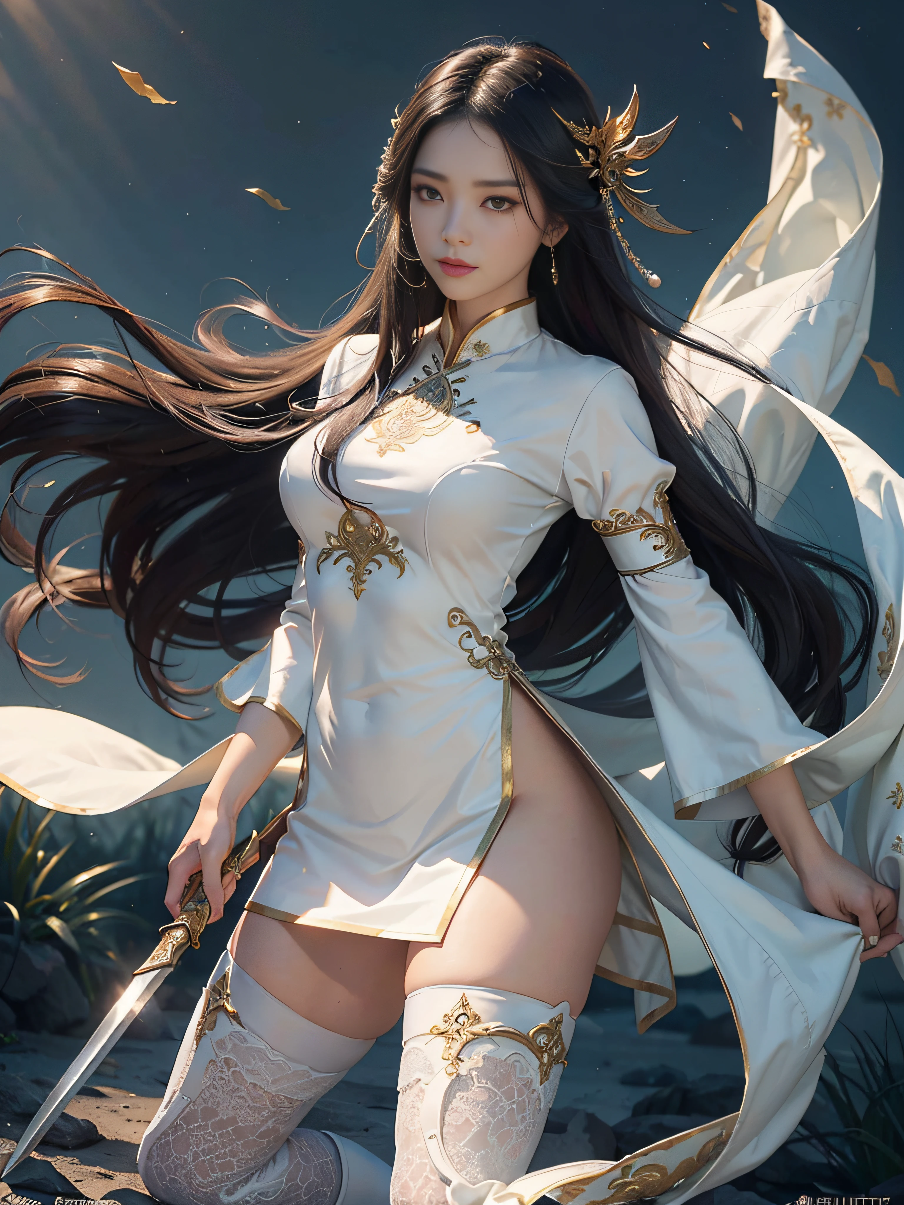 (tmasterpiece,High Picture Quality,Beautiful face,Oriental women,Eastern warriors,gallant woman,swordsmen,a matural female,Refined eye and facial details,Stand tall,Fairy-like appearance,Beautiful embryos,Light gauze like white,Cloth boots and over-the-knee stockings display,Hanfu,ancient wind,Light smoke and mist surrounds,Long black hair,Stunning beauty,Tallbody,Rich scene details,action,Wide buttock,Thick thighs)